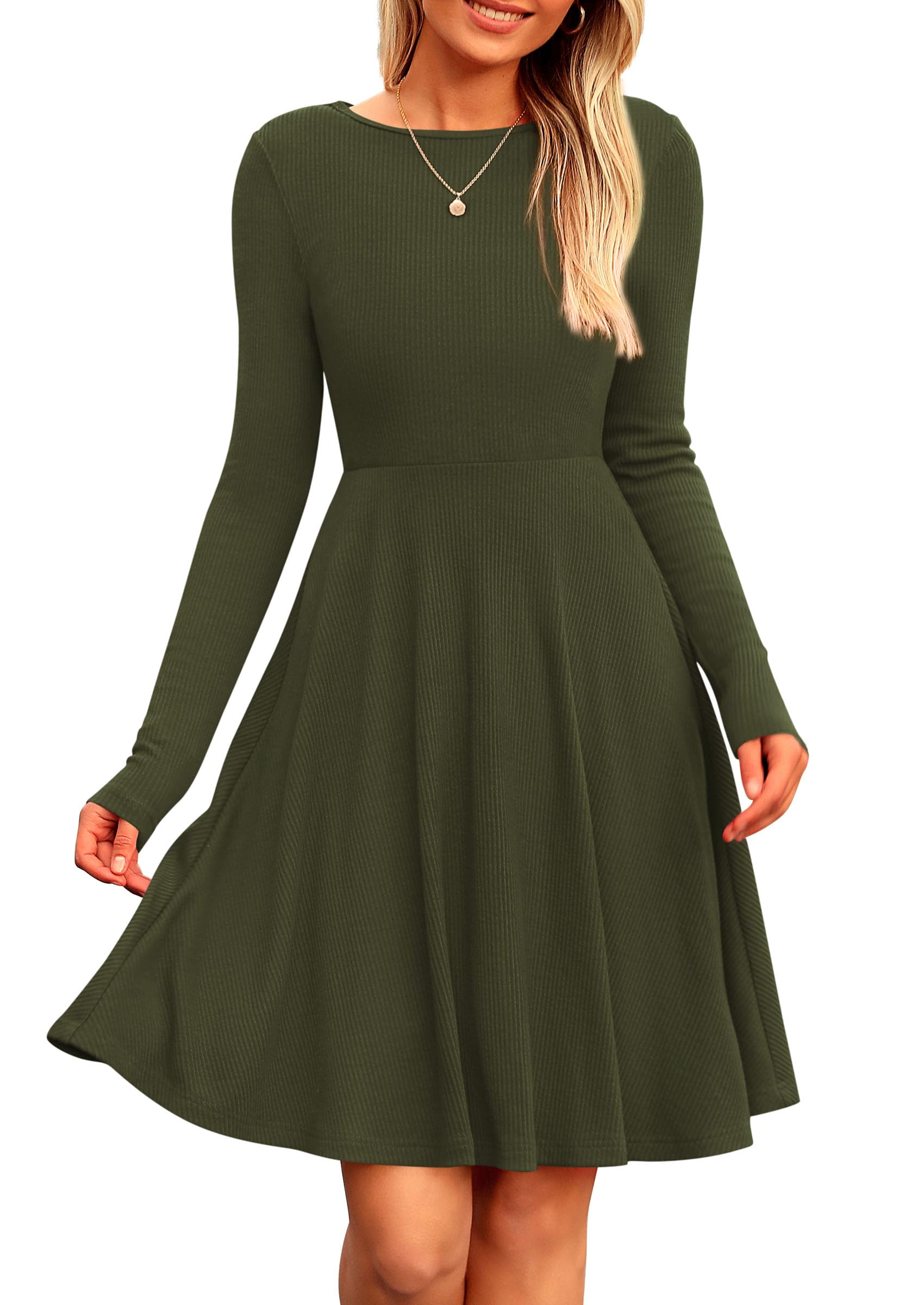 Women's Fall Casual Long Sleeve Short Dress (Army Green,S)