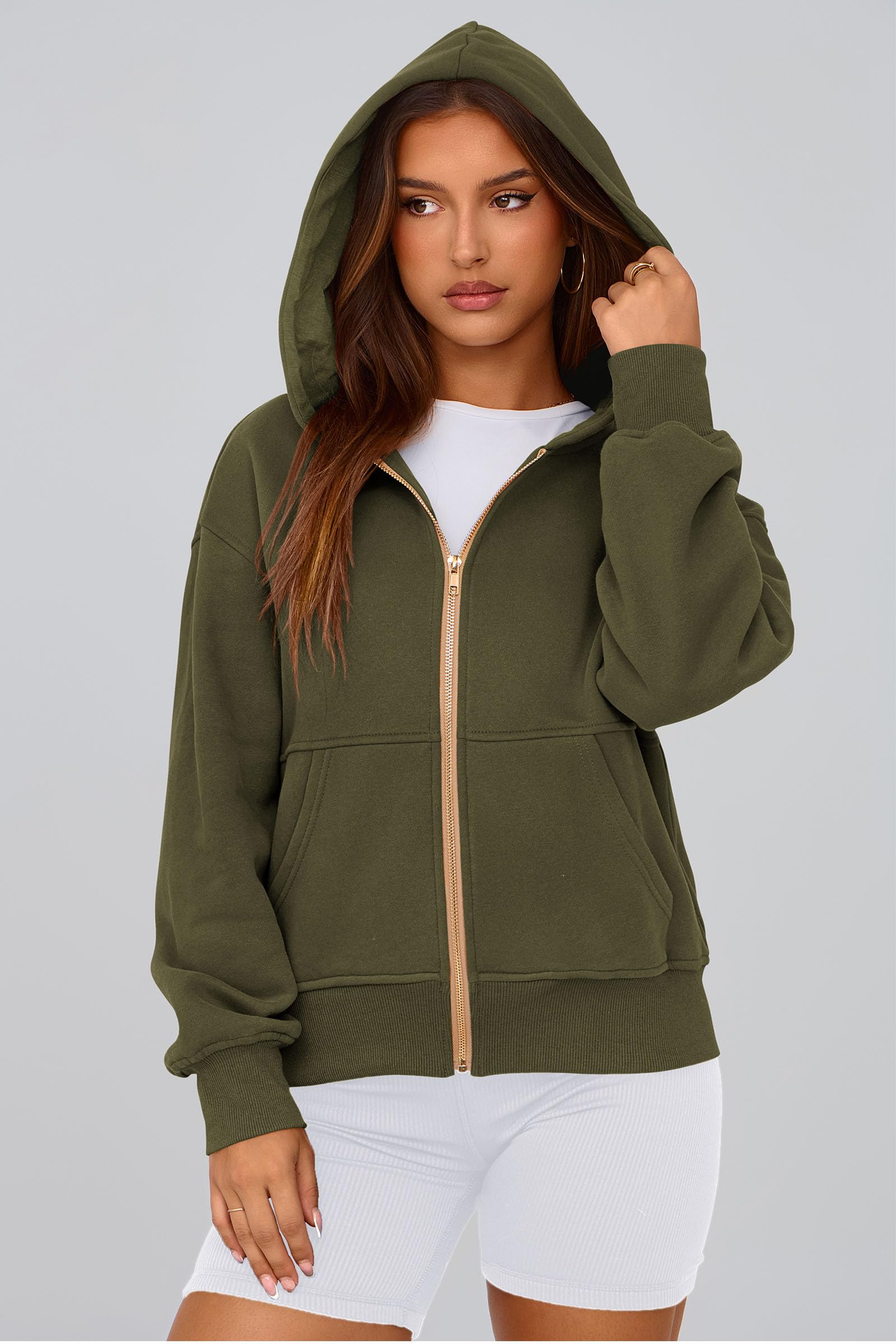 Hoodies for Women Fall Fashion Zip Up Fleece Plain Sweatshirt