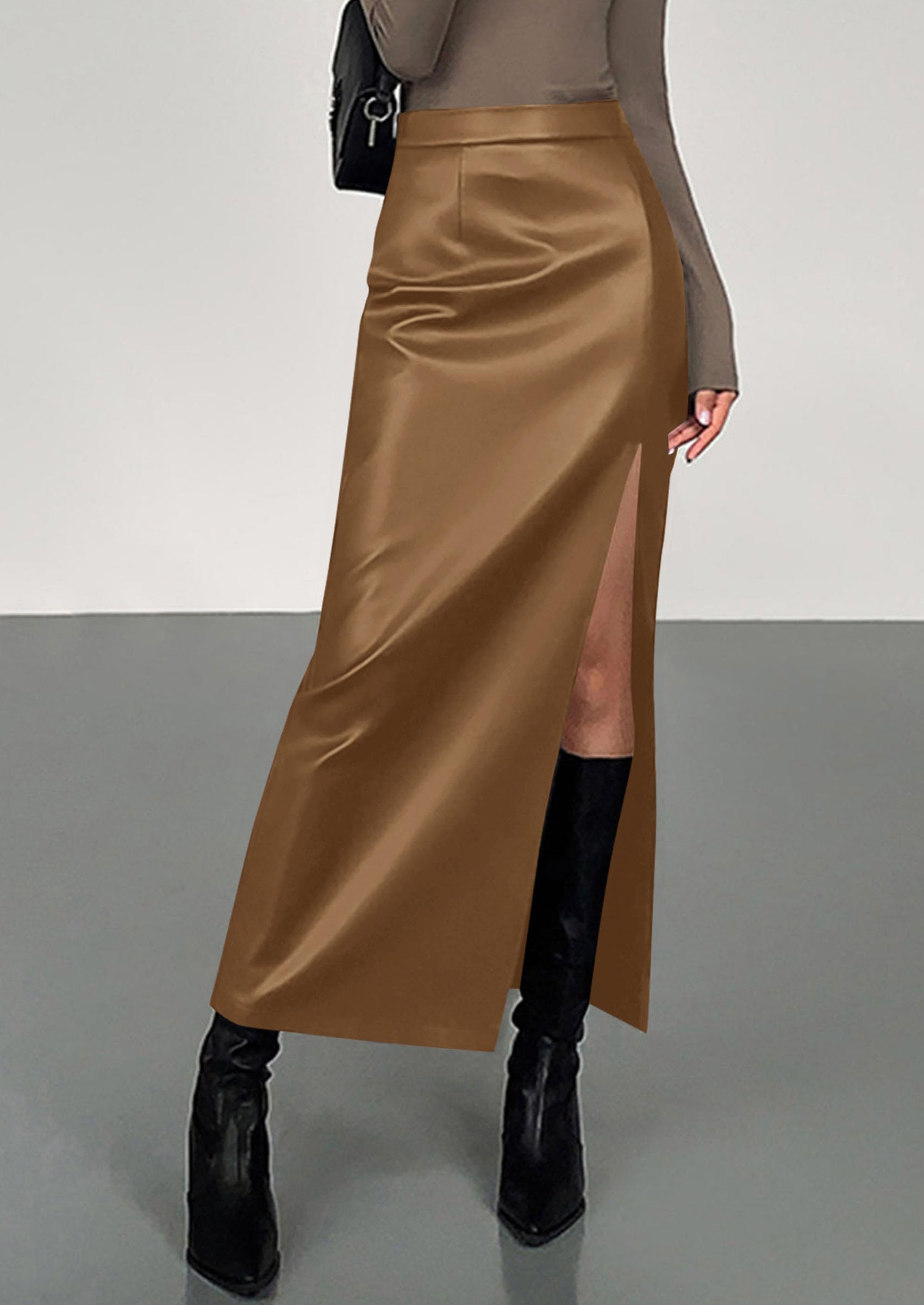 Women's Faux Leather Long Pencil Skirt,Camel,S