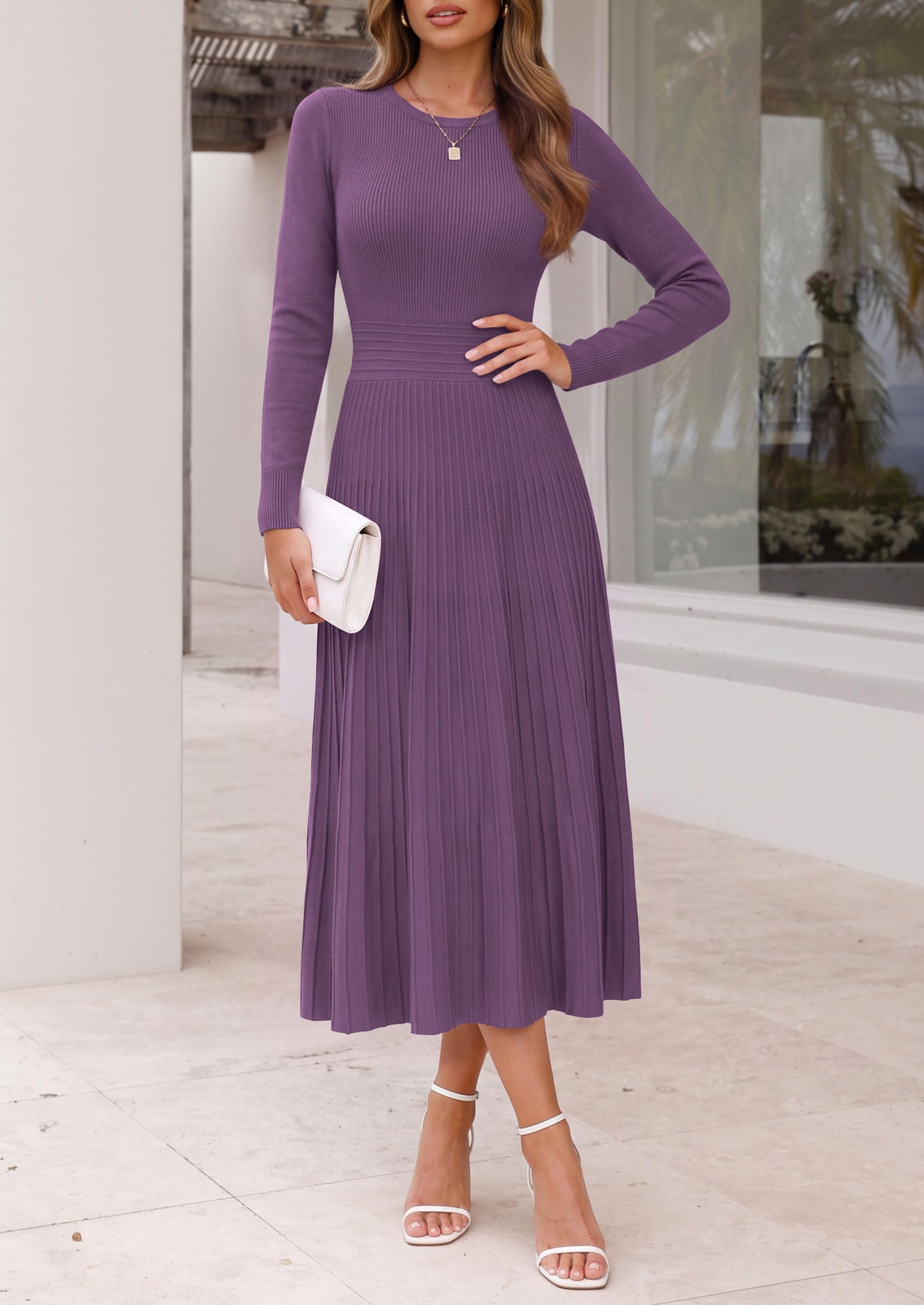 Women's Long Sleeve Knit Maxi Sweater Dress,Grey Purple,S