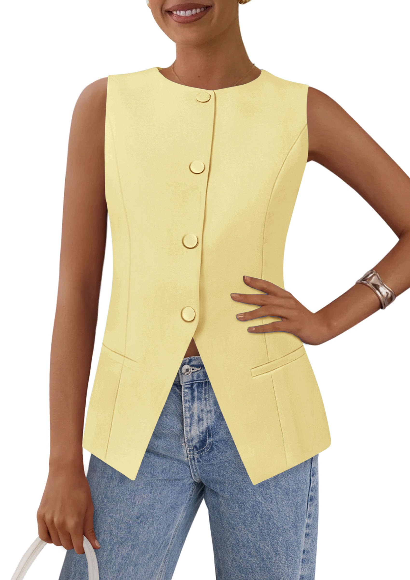 Women Tailored Suit Vest Business Casual Tops, Yellow,S