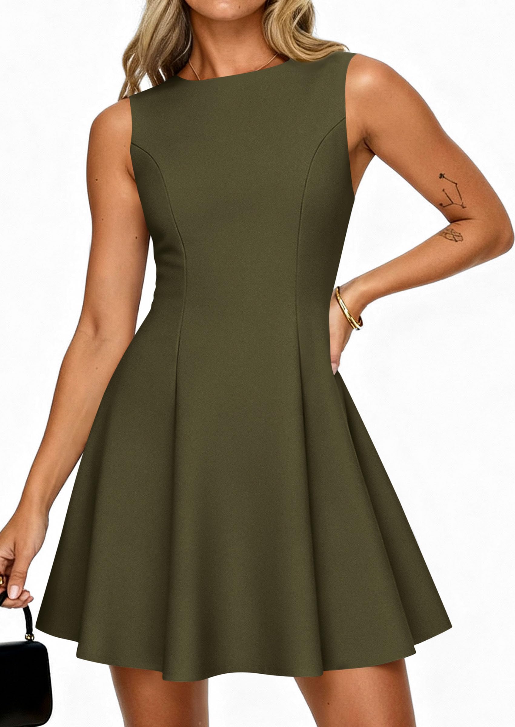 Women's Formal Boat Neck A Line Mini Dress,Army Green,XS