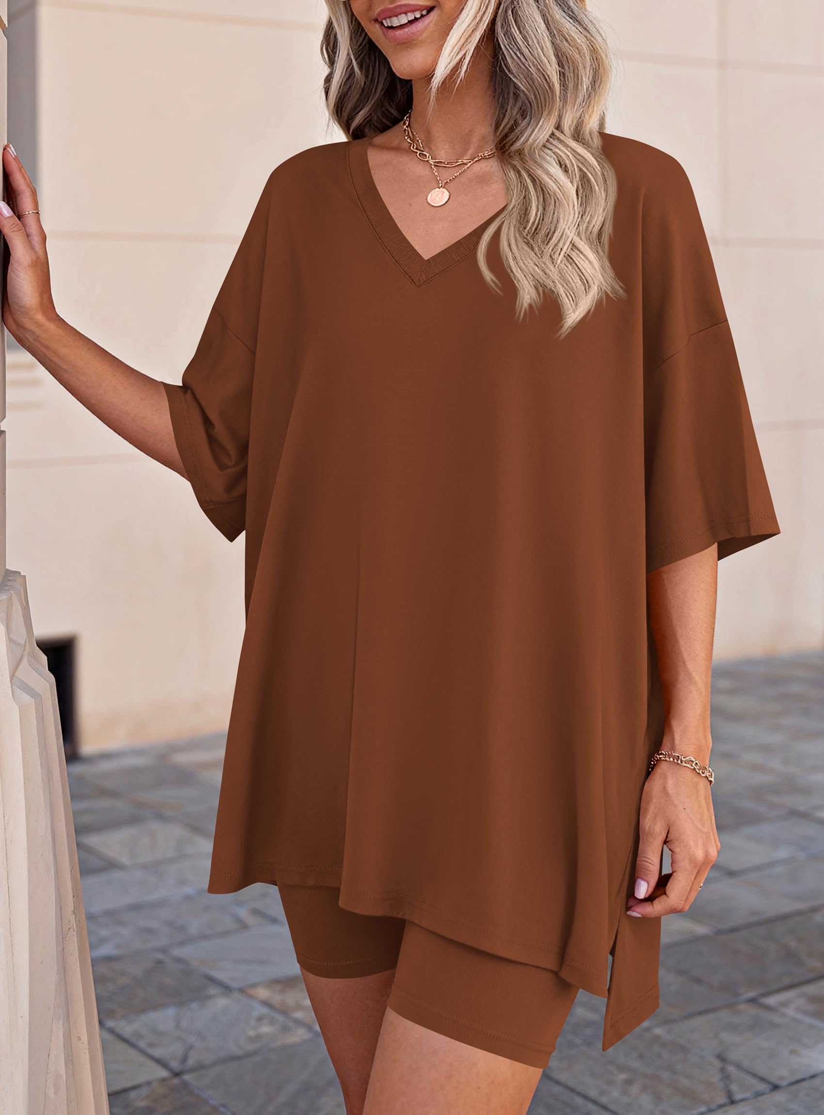 Womens 2 Piece Outfit Lounge Short Sets,Brown,S