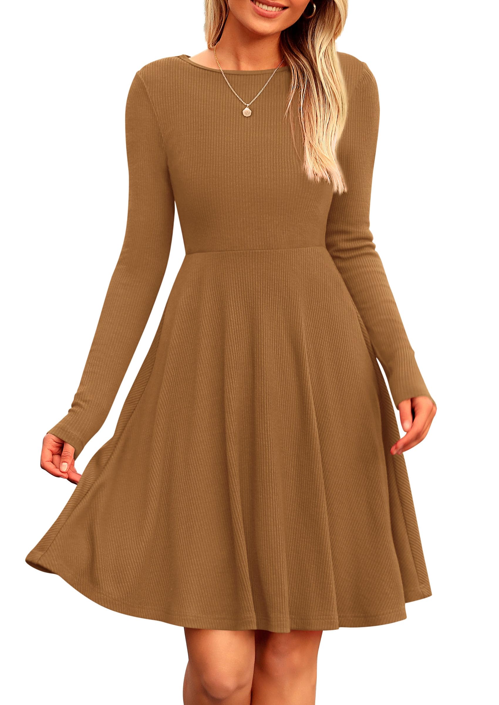 Women's Fall Casual Long Sleeve Short Dress (Dark Khaki,S)