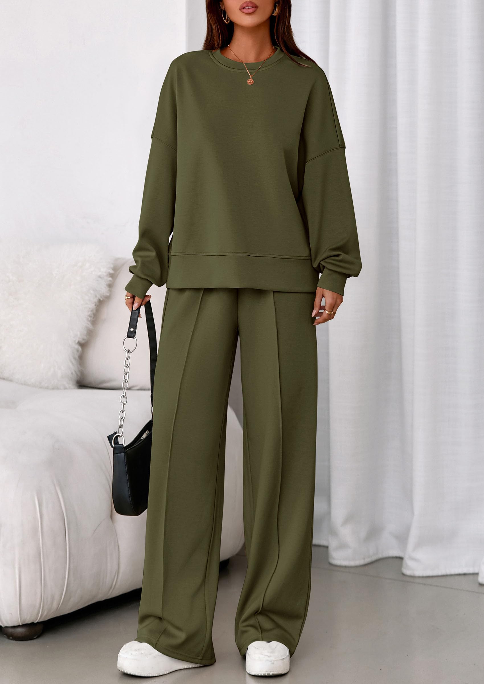 Womens Long Sleeve Sweatshirt 2 Piece Sets,Army Green,S