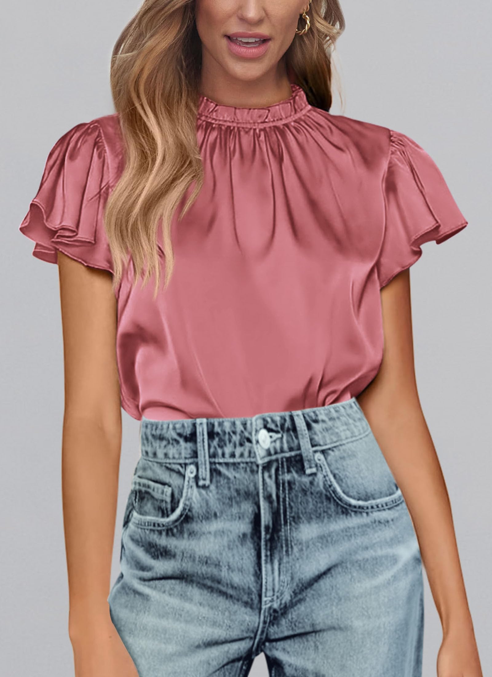 Women's Satin Tops Business Casual Work Blouses, Dusty Pink,S