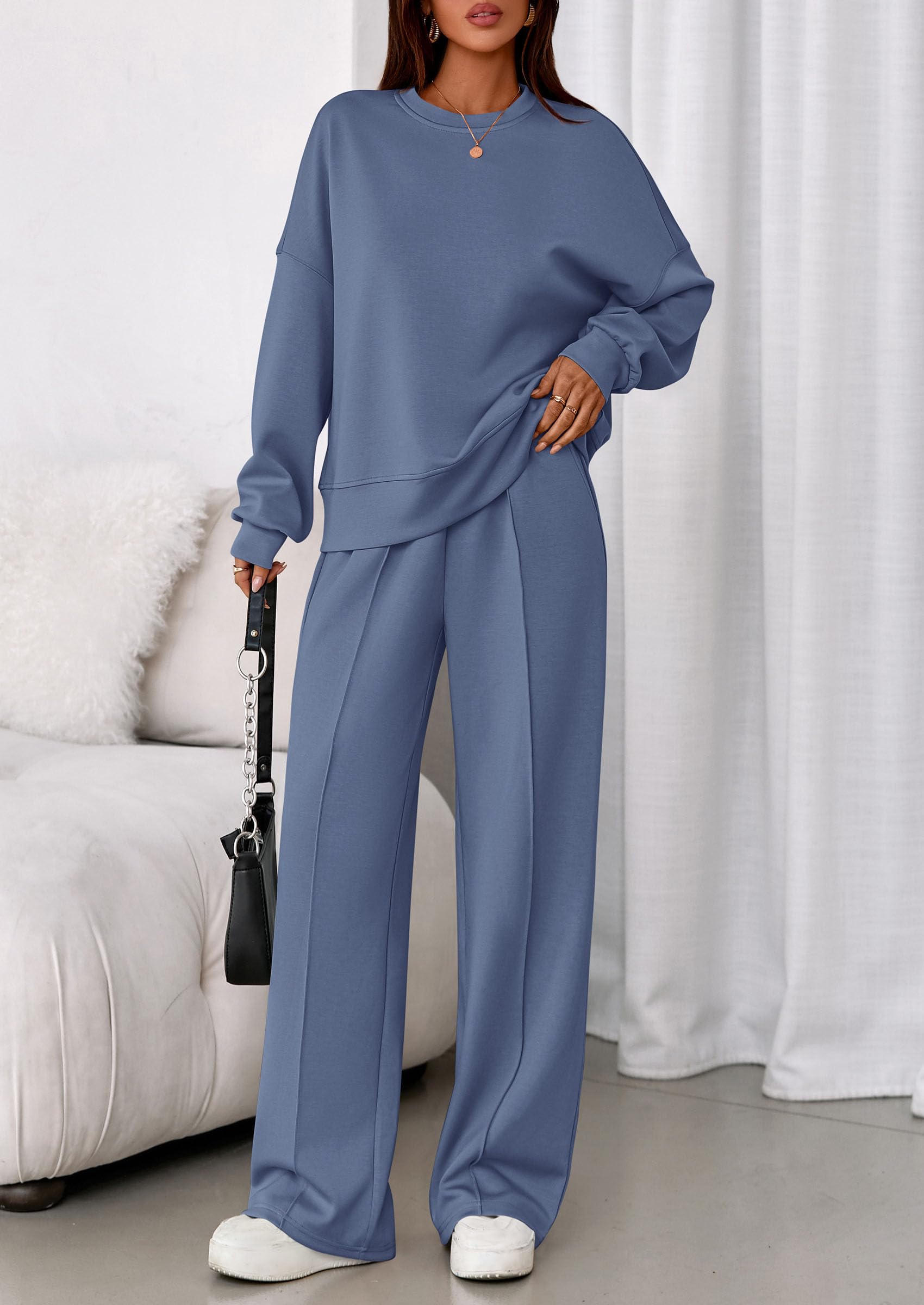 Womens Long Sleeve Sweatshirt 2 Piece Sets,Grey Blue,L