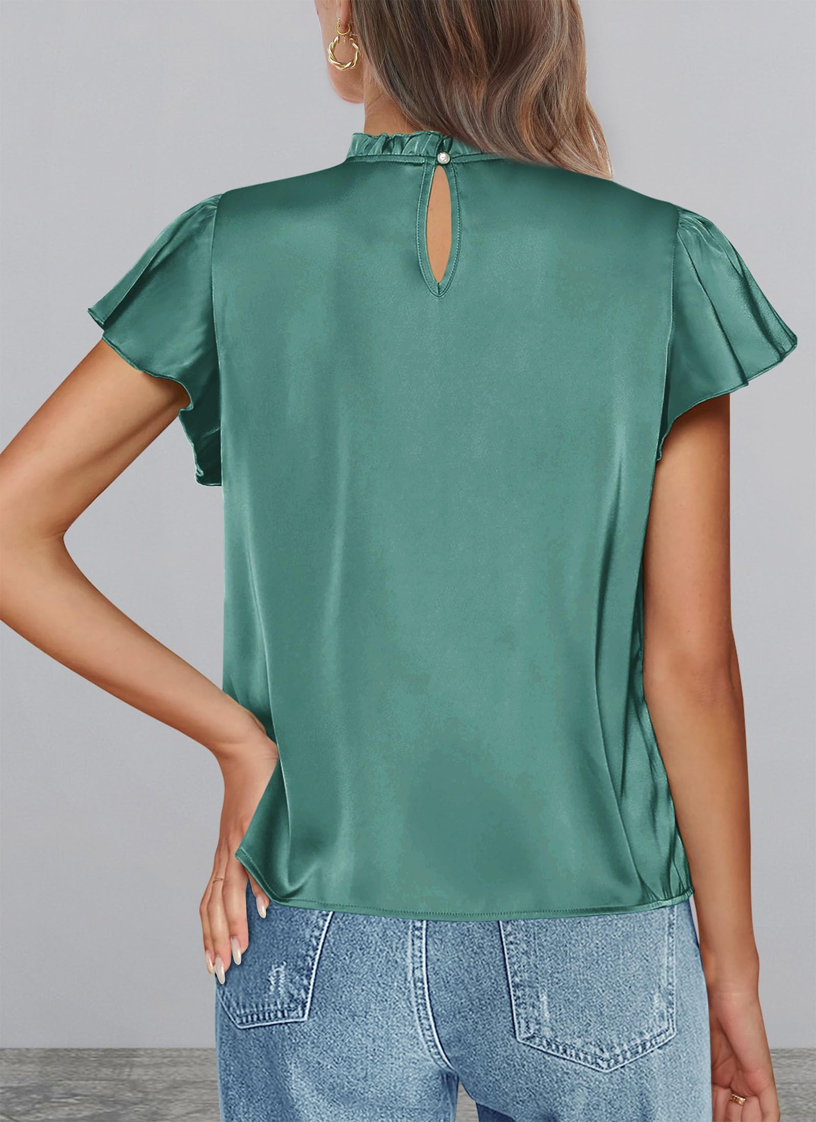 Women's Satin Tops Business Casual Work Blouses, Aqua Green,S