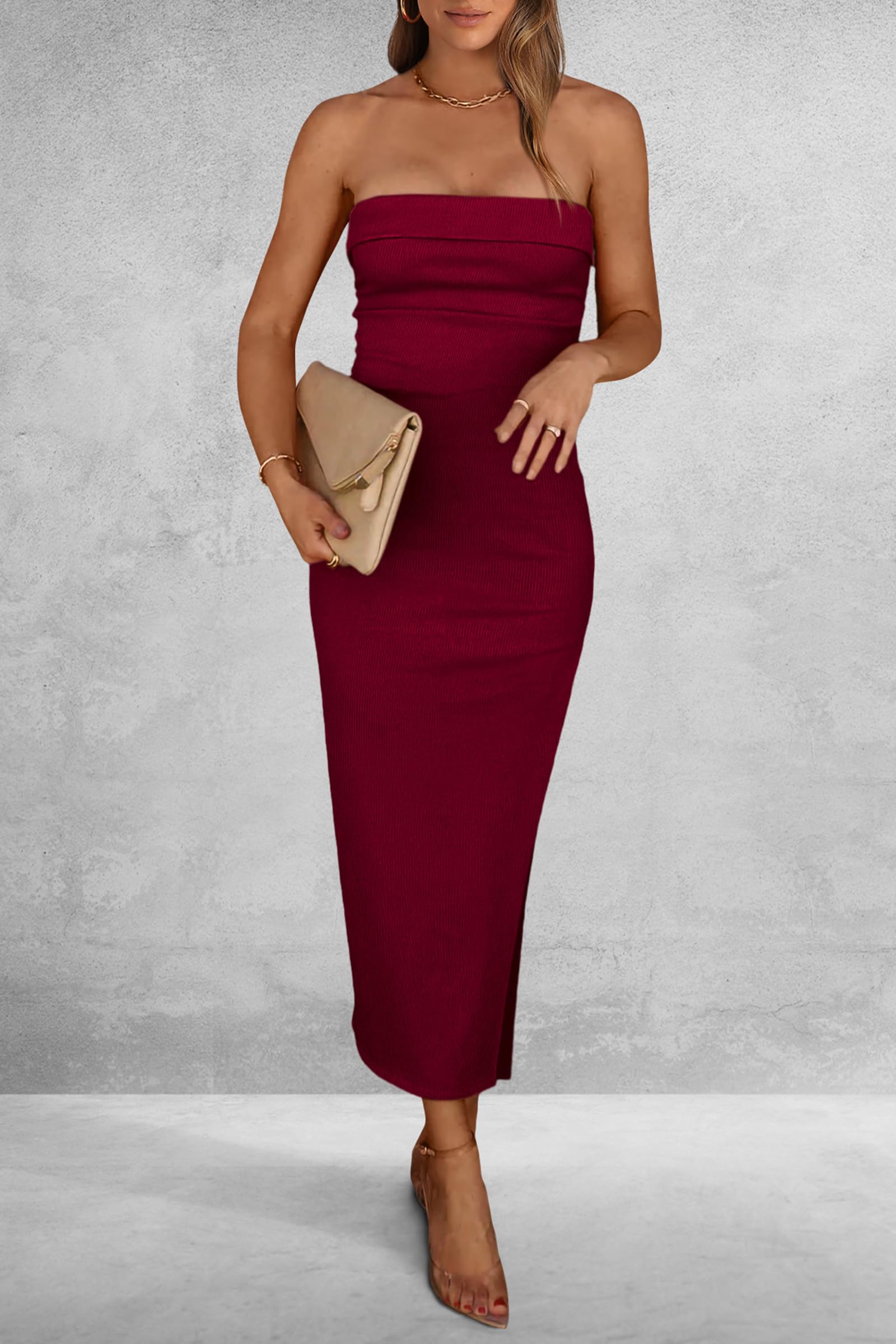 Women's Summer Strapless Cocktail Maxi Dresses Wine Red
