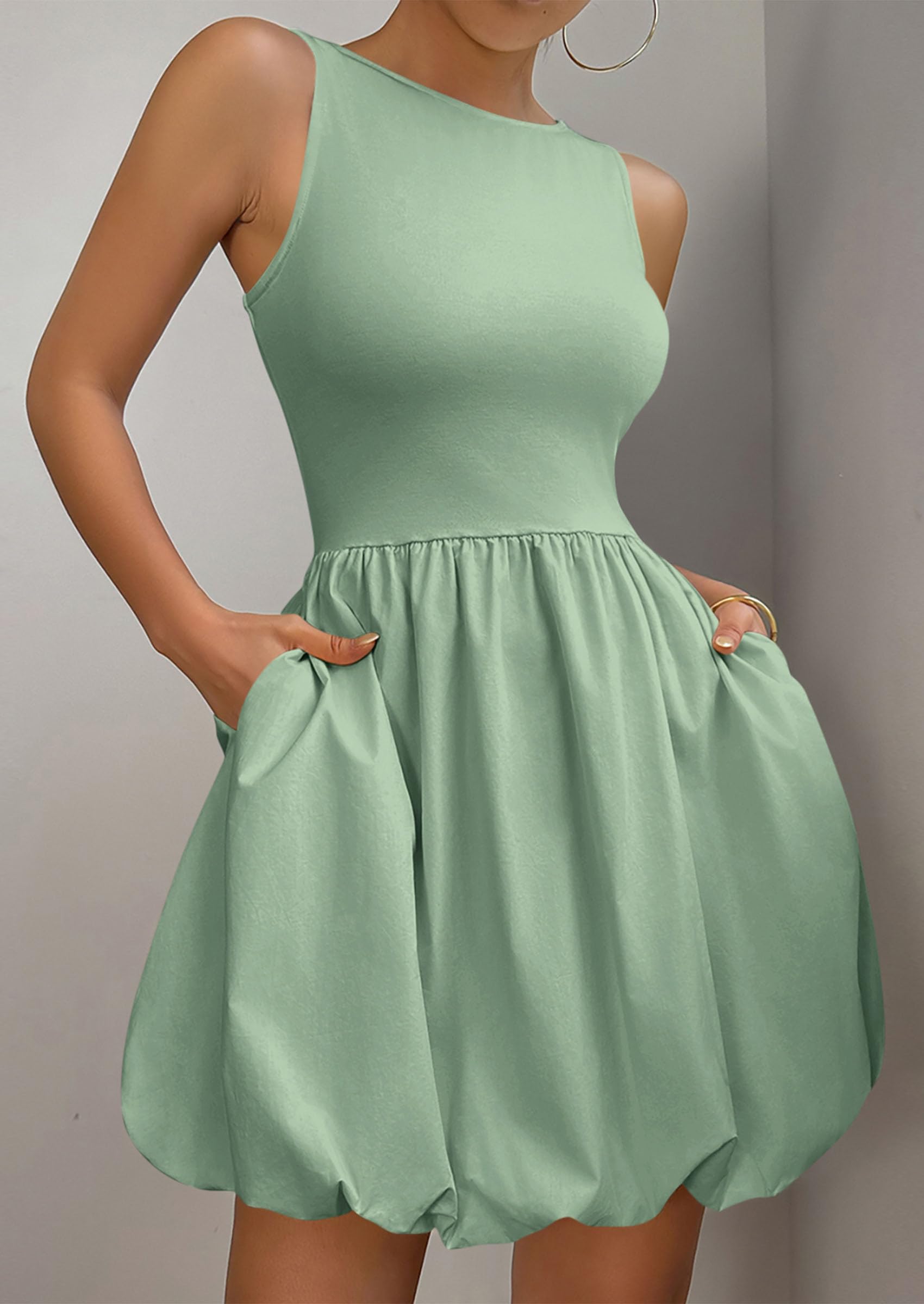 Womens Summer Bubble Sleeveless Mini Dress,Green,S
