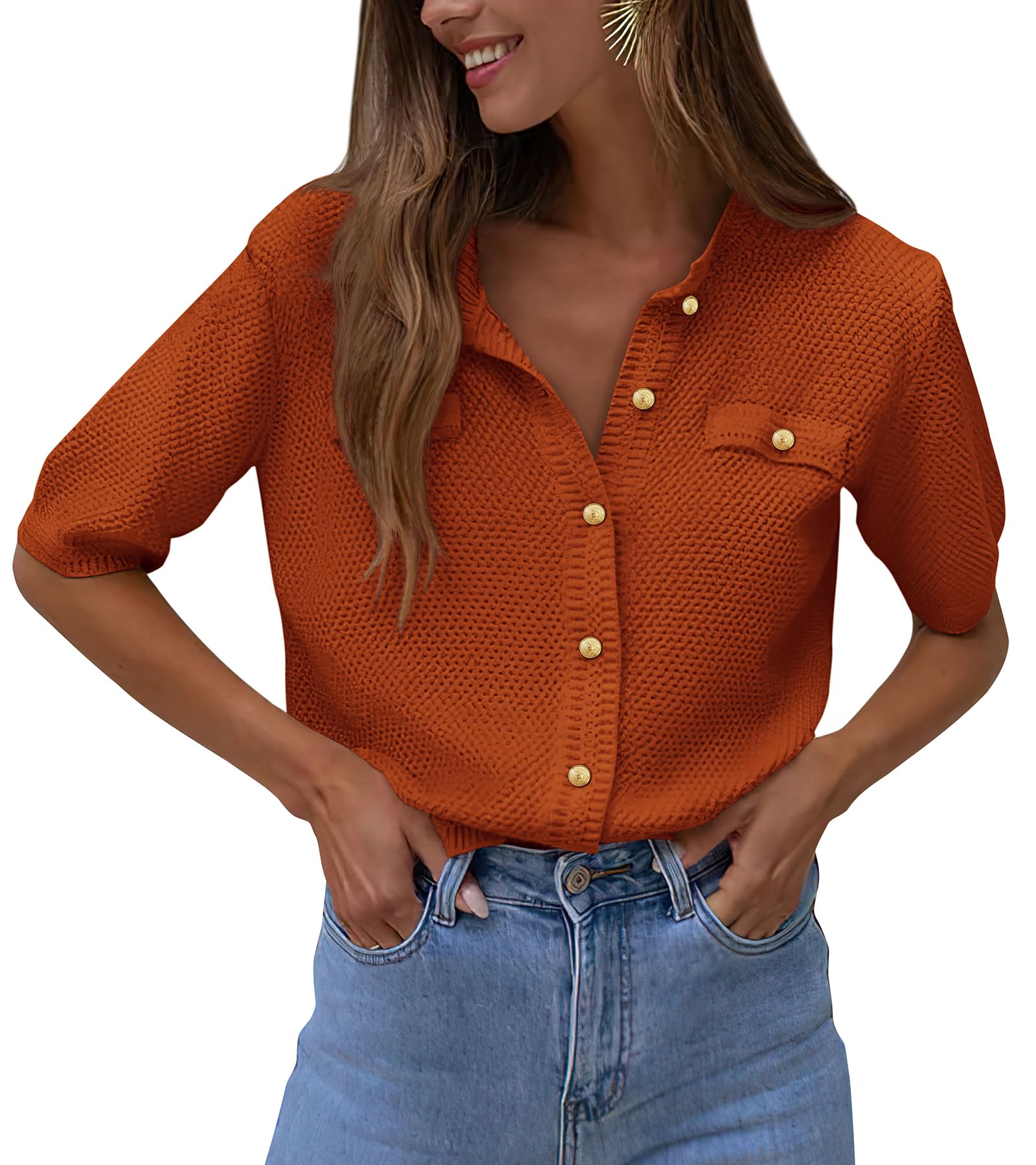 Women's Summer Casual Button Down Shirts Brick Red,Small