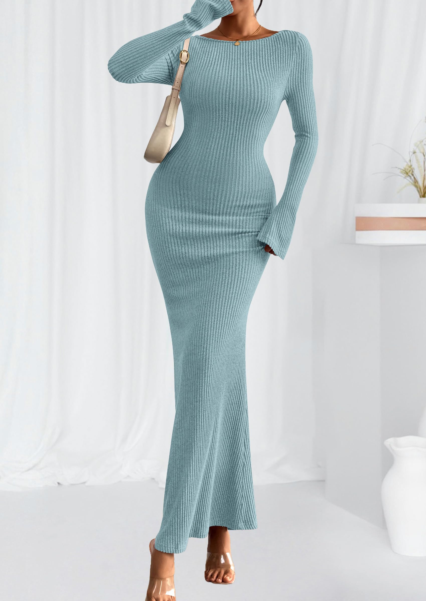 Women's Fall Long Sleeve Bodycon Maxi Dresses (Light Blue,XS)