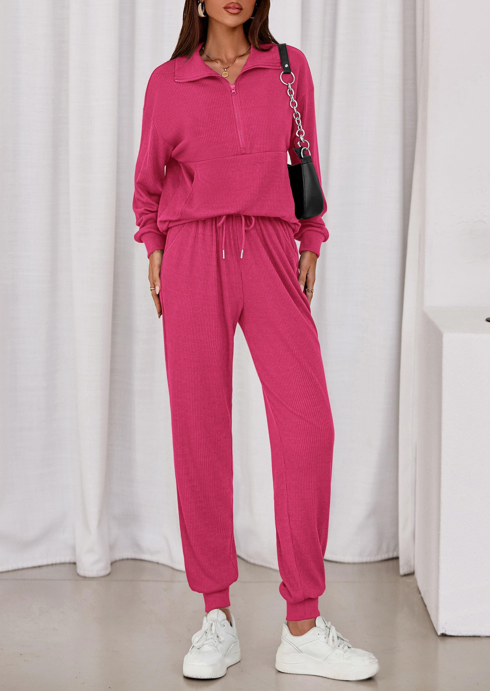 Airport Travel Outfit Women Ribbed Knit Matching Lounge Sets