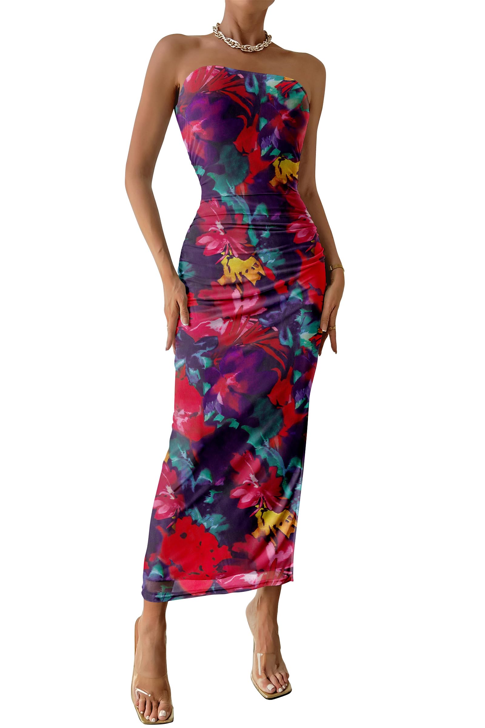 Womens Strapless Bodycon Maxi Dress, Navy Red Big Floral,S