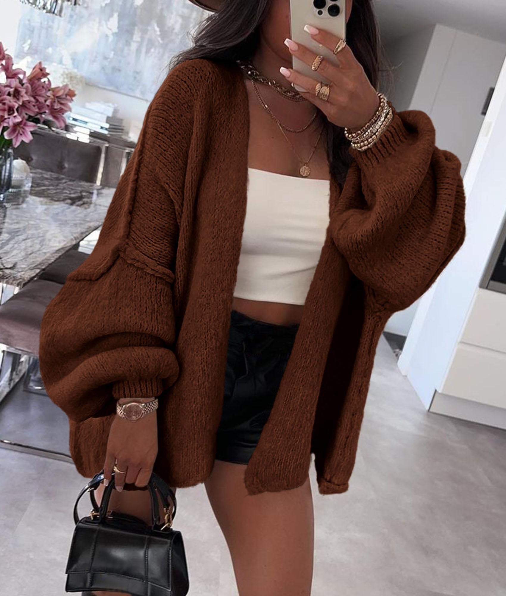 Womens Open Front Oversized Cardigan Sweaters,Caramel,XS