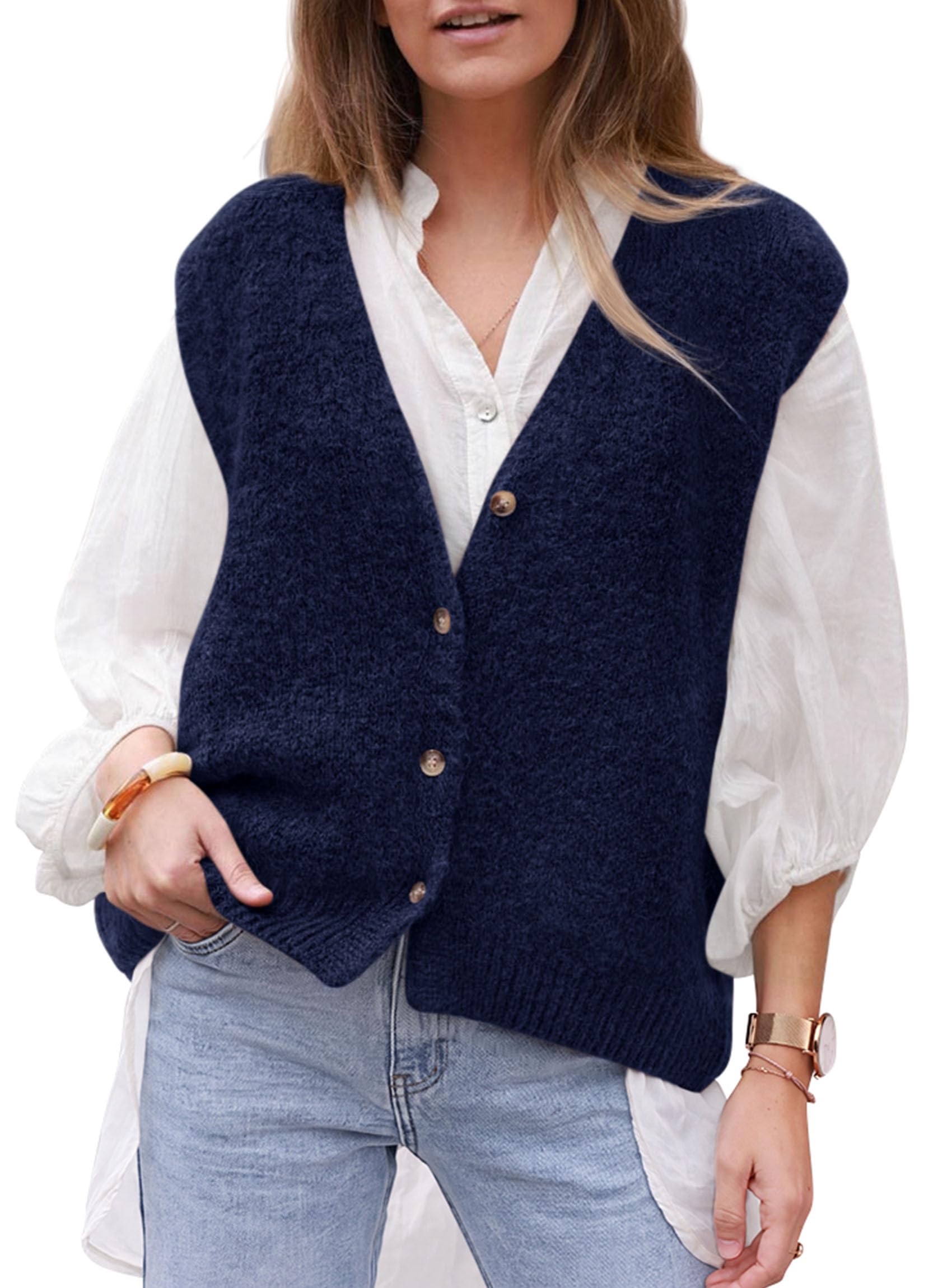 Womens Fall Sleeveless Button Down Sweater Vest,Navy,S