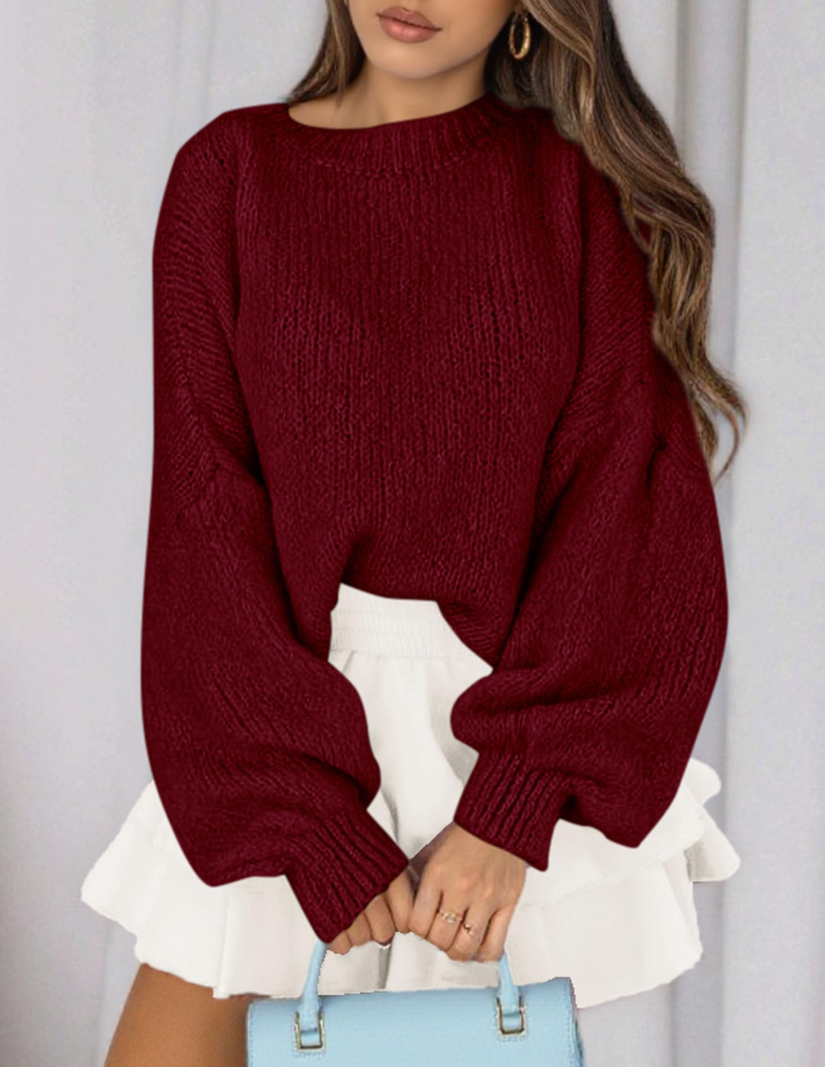 Women's Chunky Knit Oversized Pullover Sweaters,Burgundy,S