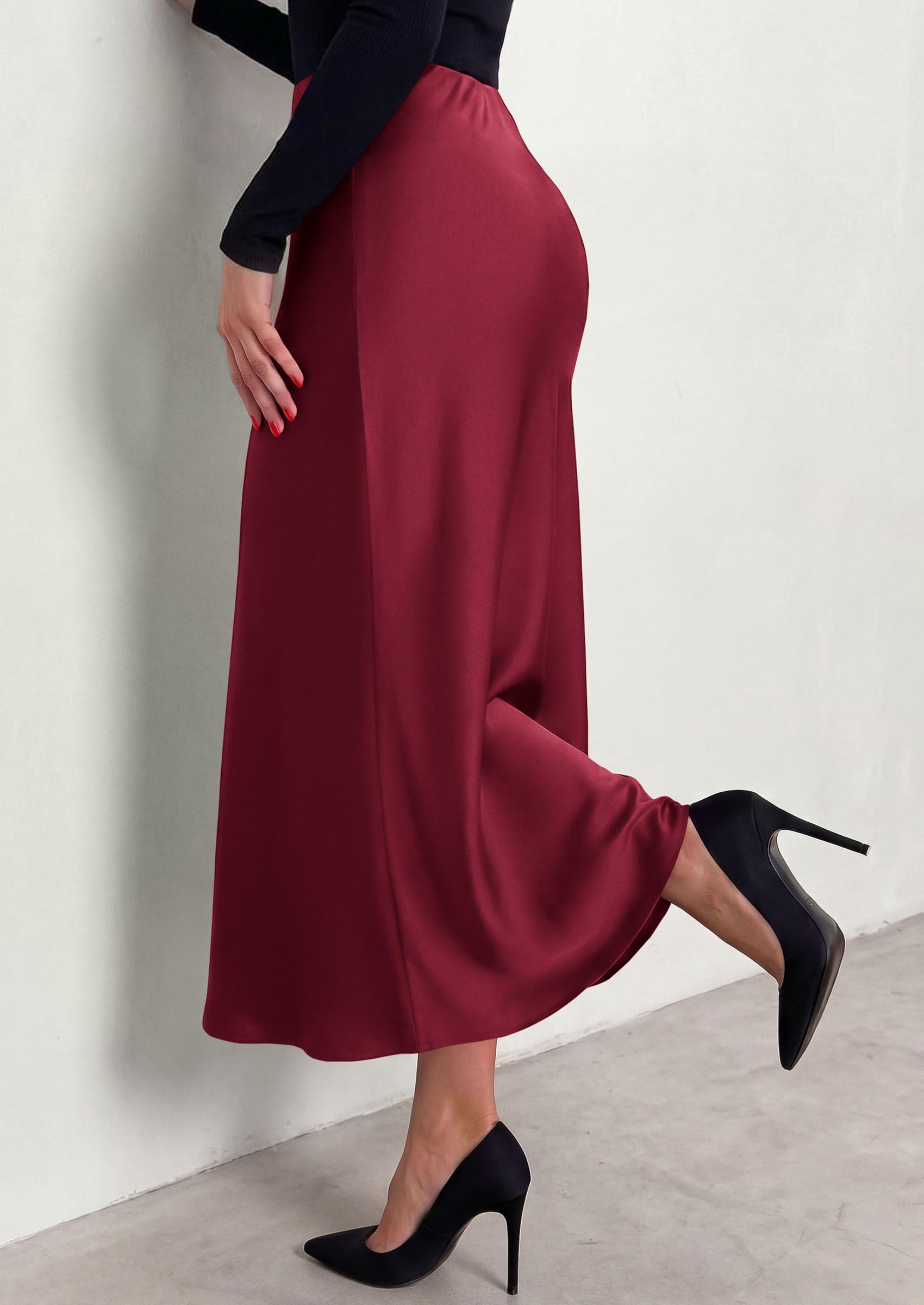 Women's Silk Satin Maxi Skirts Fall Clothes (Burgundy,S)