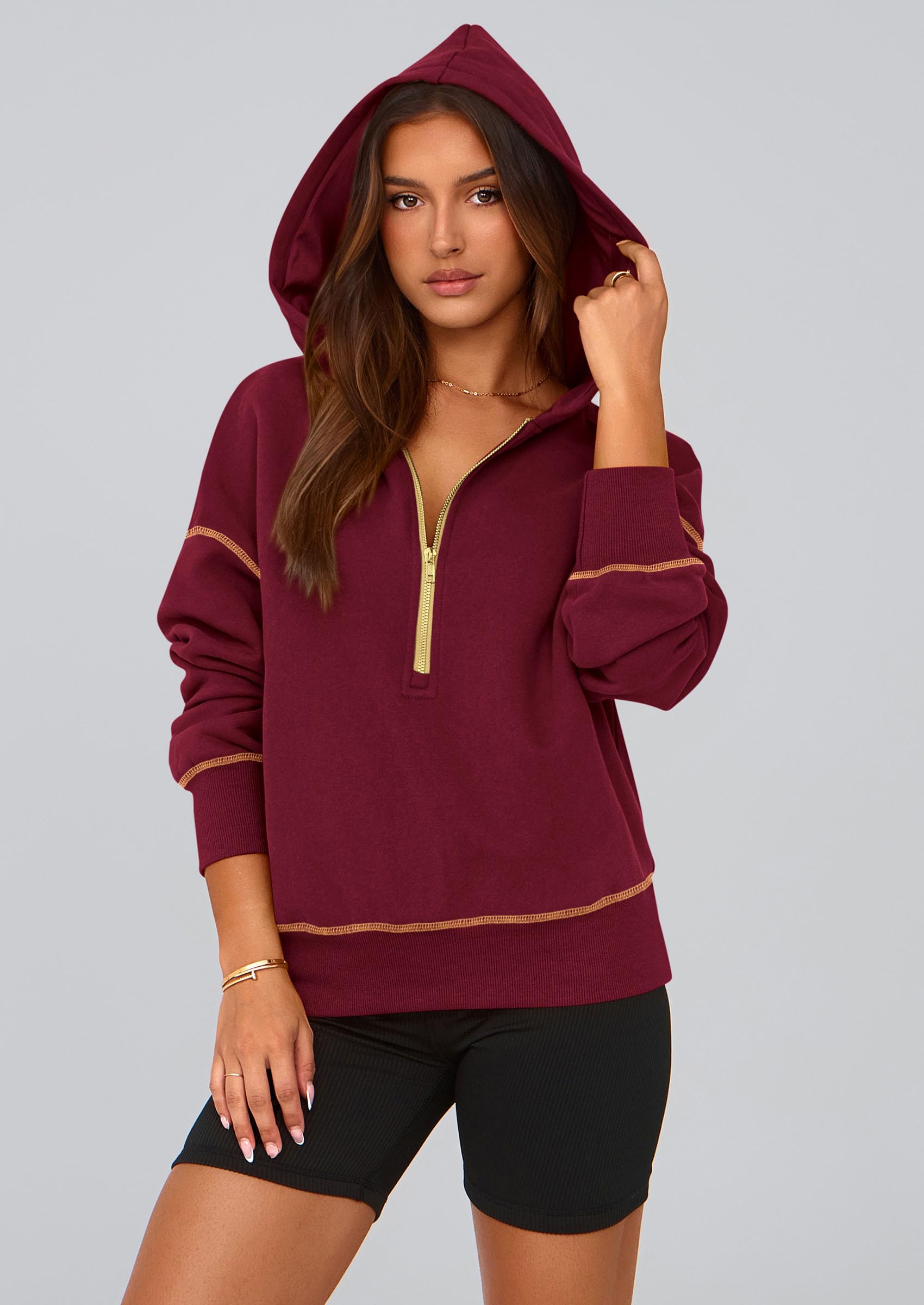 Women's Fall Half Zip Cropped Hoodie Sweatshirt Wine Red