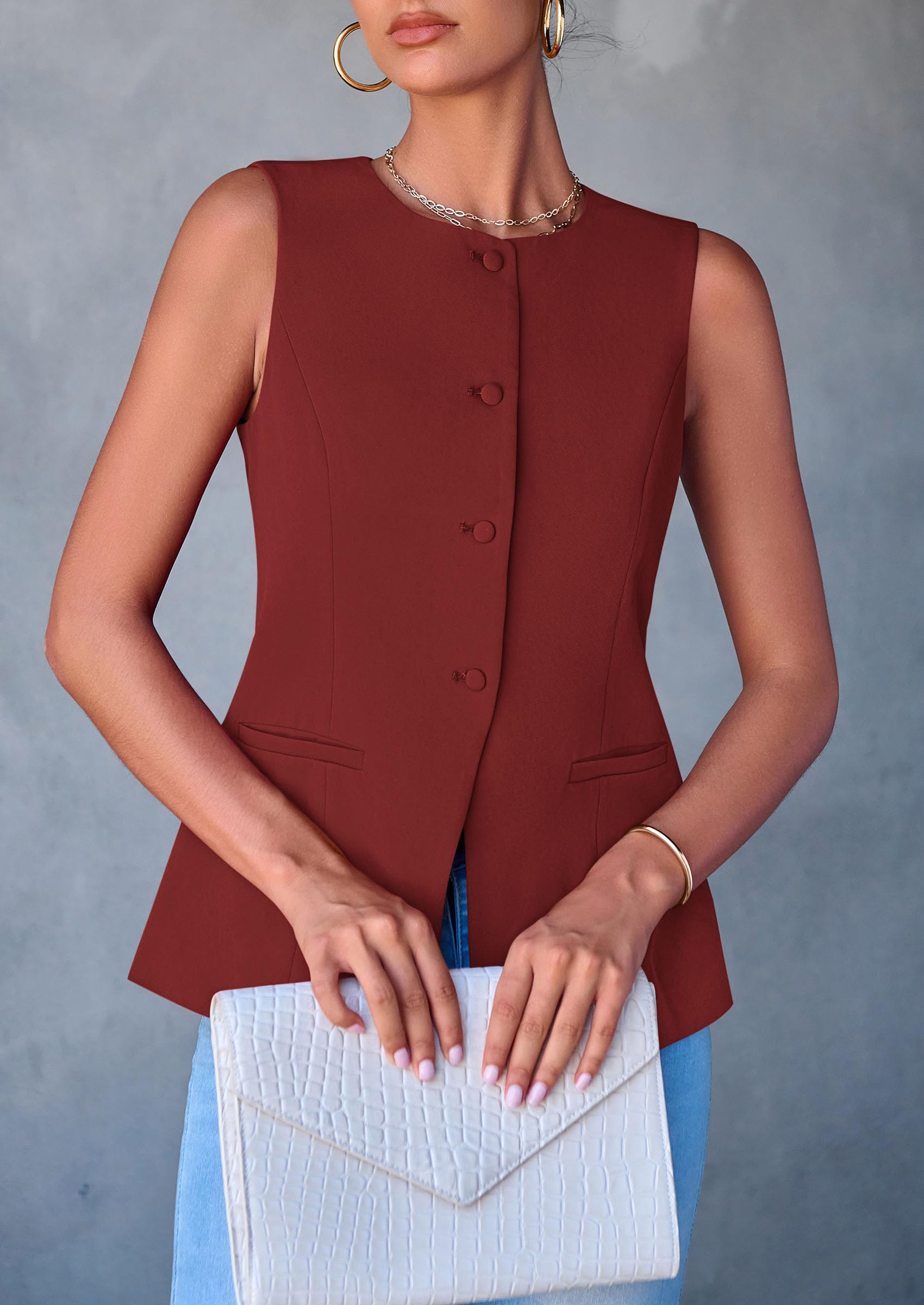 Women Tailored Suit Vest Business Casual Tops, Orange Red,S