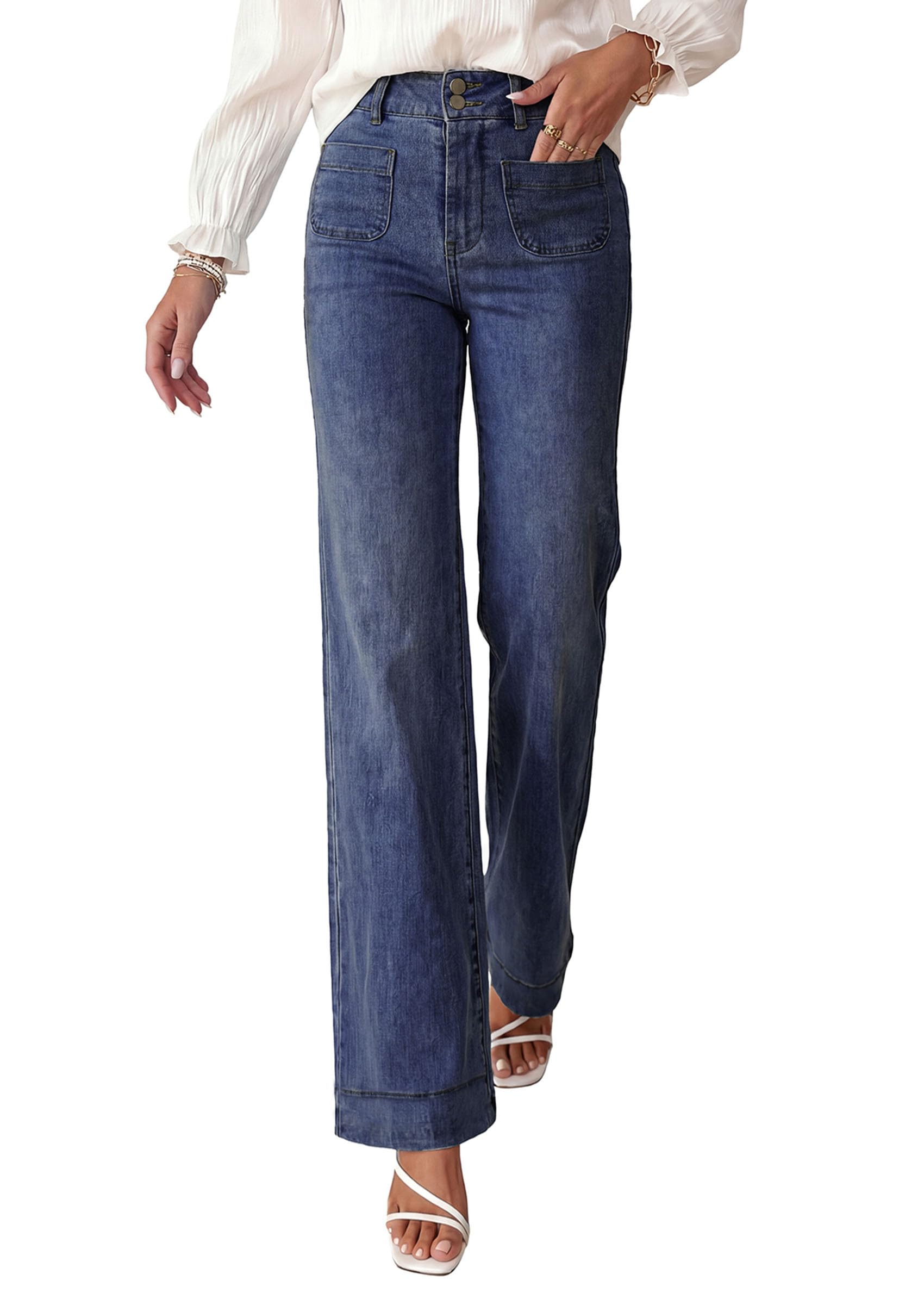 Womens Wide Leg High Waisted Trendy Jeans,Navy,4
