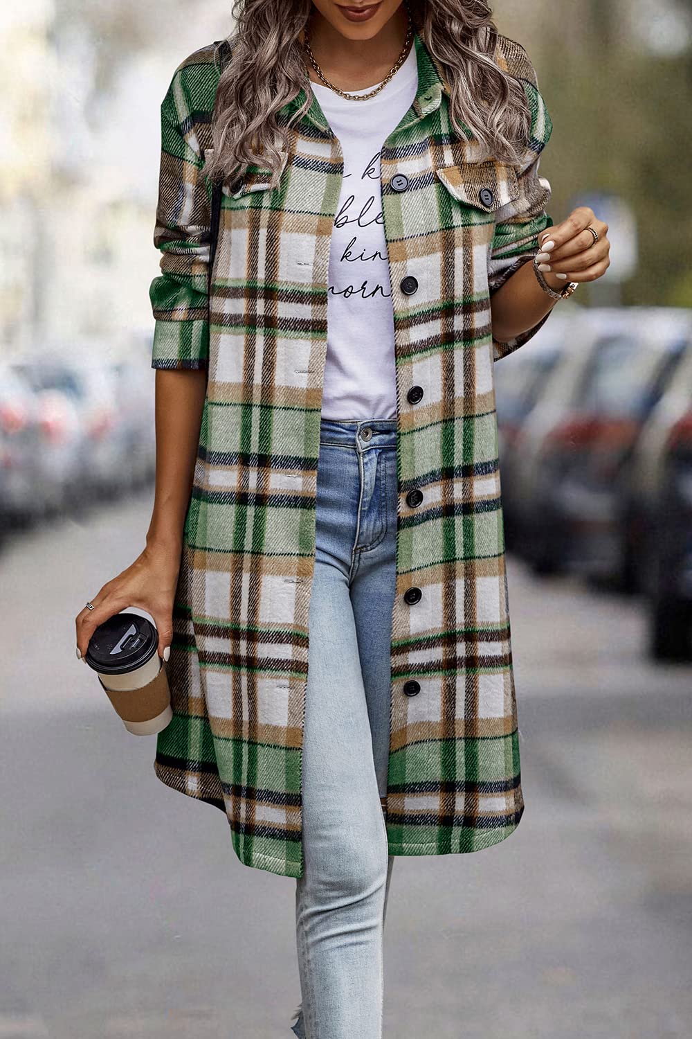 Womens Plaid Shacket Jacket Flannel Shirts,Green,L
