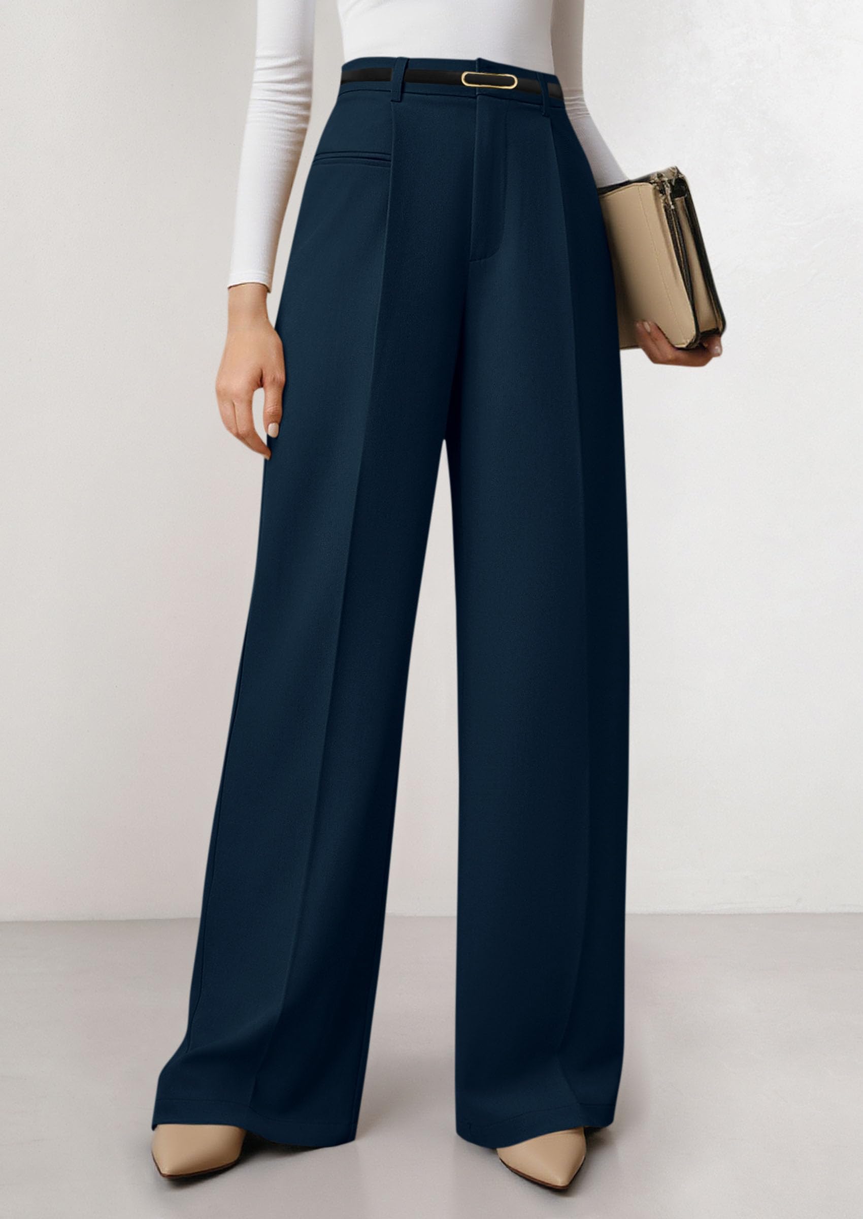 Women's Tailored Wide Leg Work Dress Pants,Dark Blue,XS