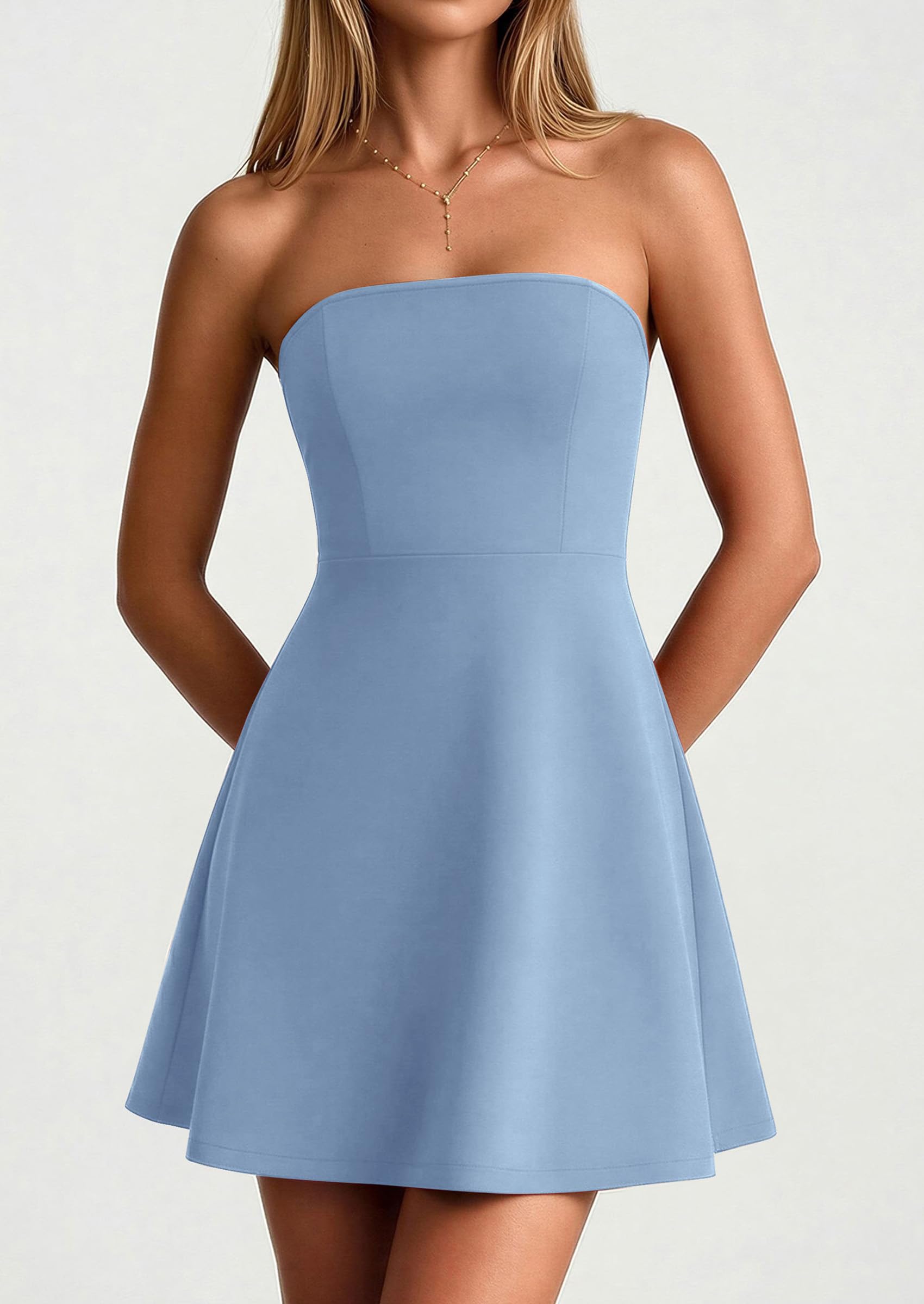 Women's Strapless A Line Mini Summer Dresses Light Blue,XS