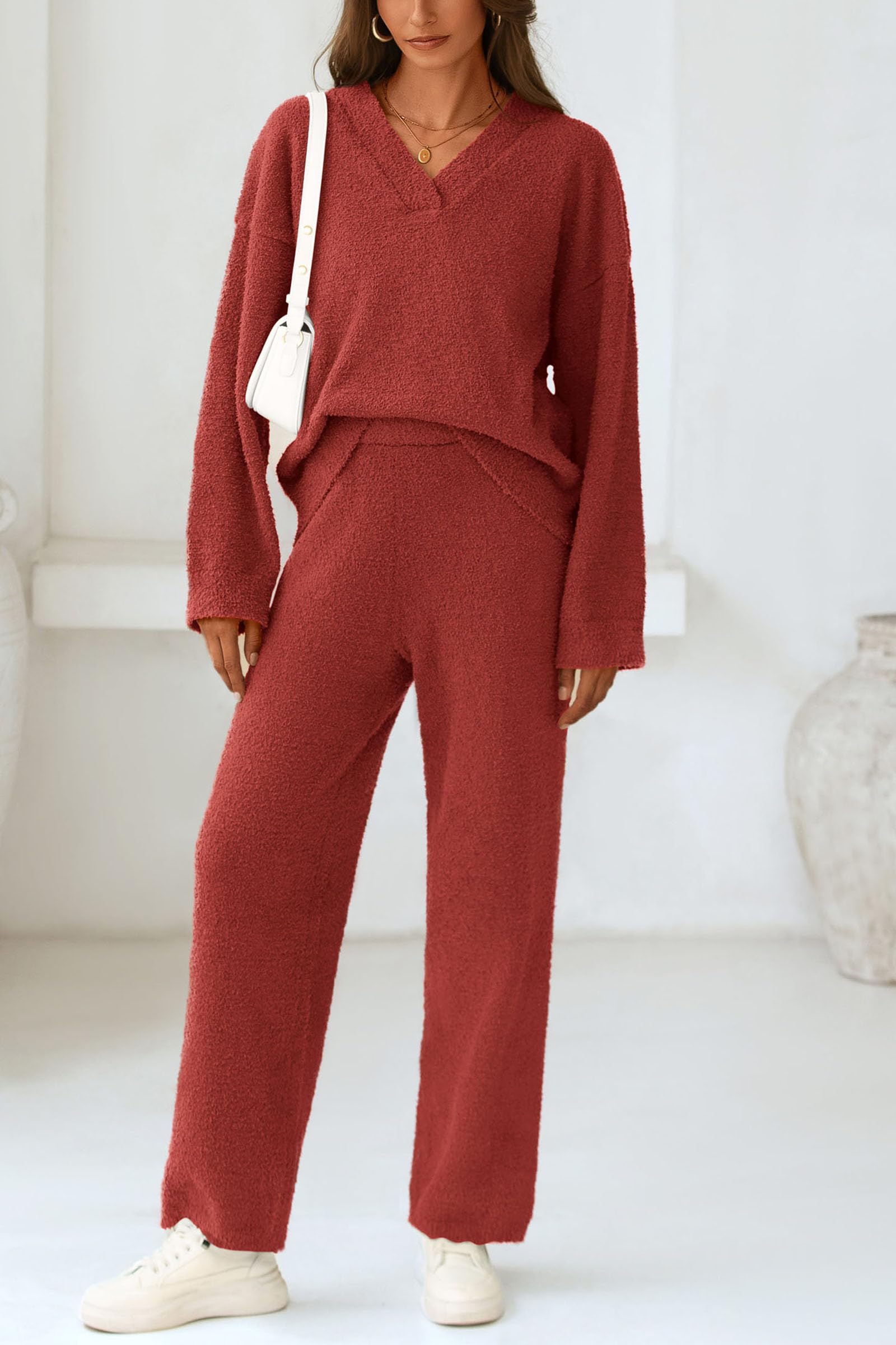 Lounge Sets for Women Fall 2 Piece Fuzzy Sweater Pajama Set