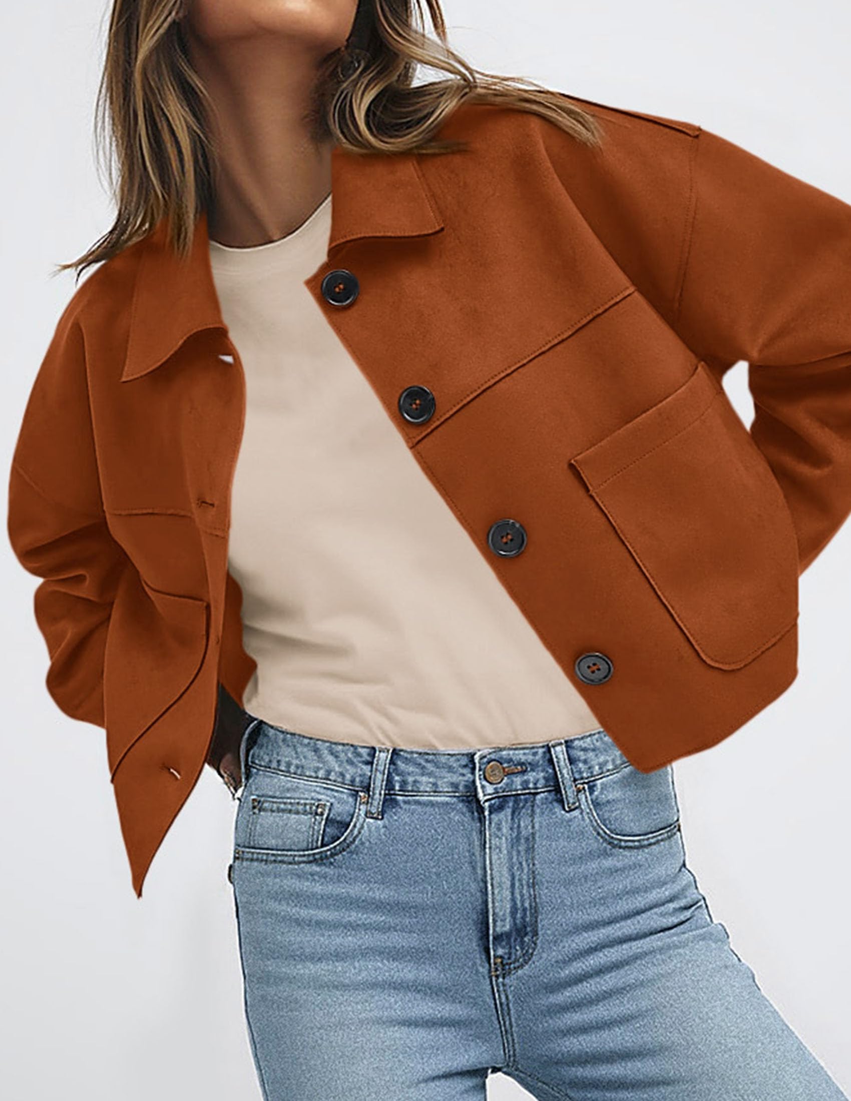 Women's Faux Suede Shacket Jackets Lightweight Cropped Coats