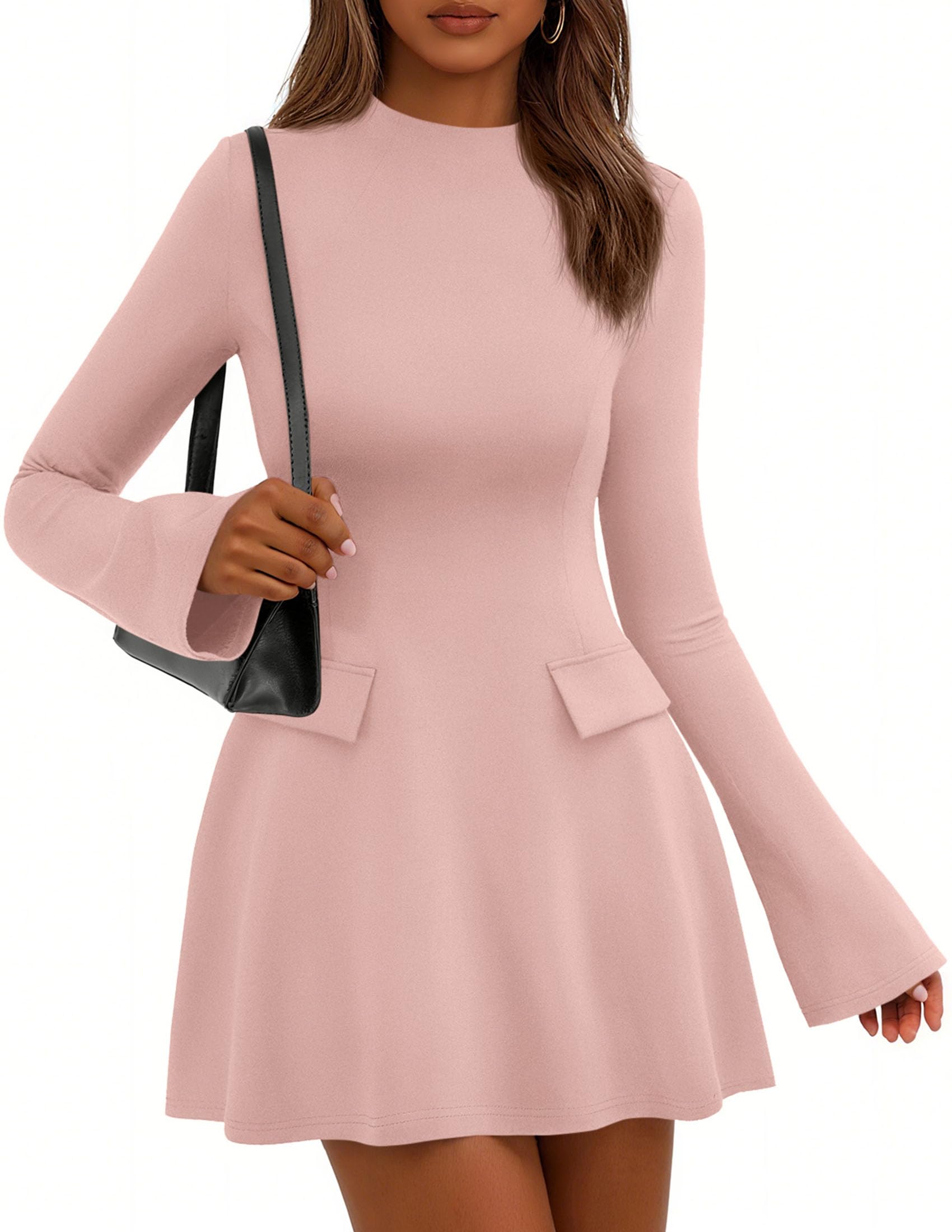 Women's Fall Bell Sleeve Short Dress,Light Pink,XS