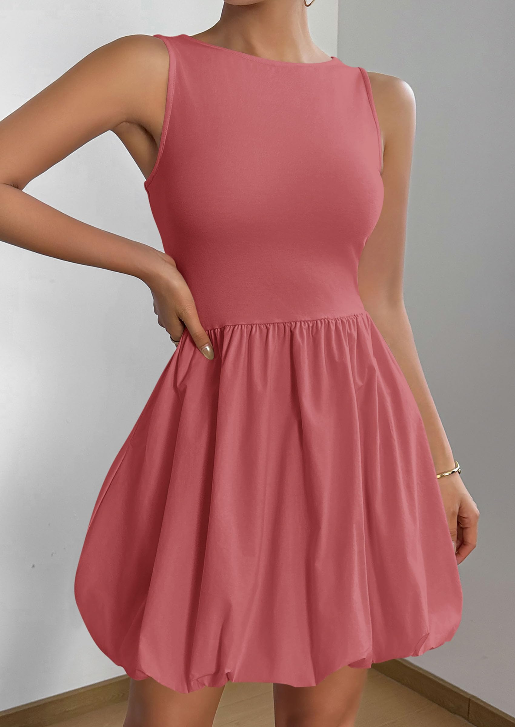 Womens Summer Bubble Sleeveless Mini Dress,Dark Pink,S