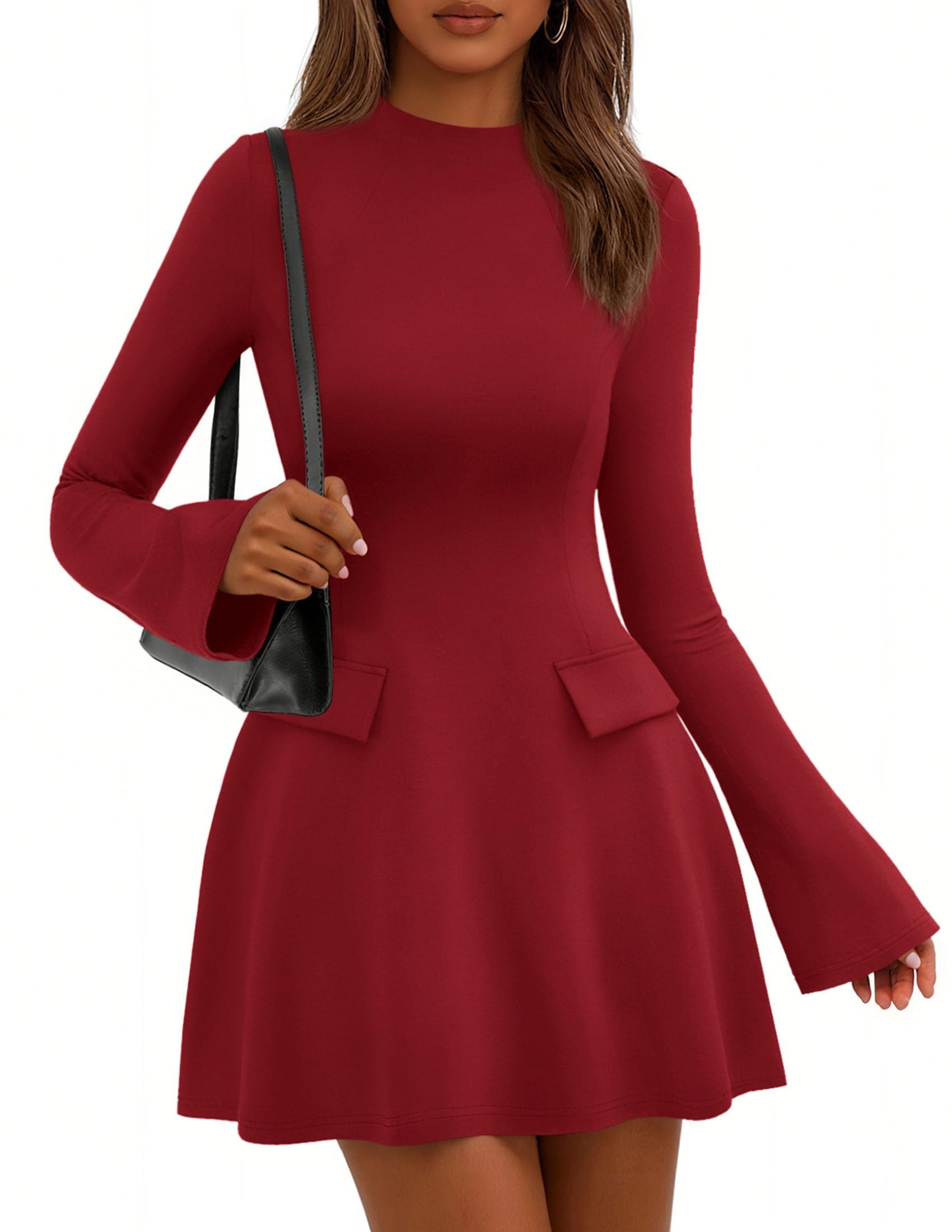 Women's Fall Bell Sleeve Short Dress,Red,XS