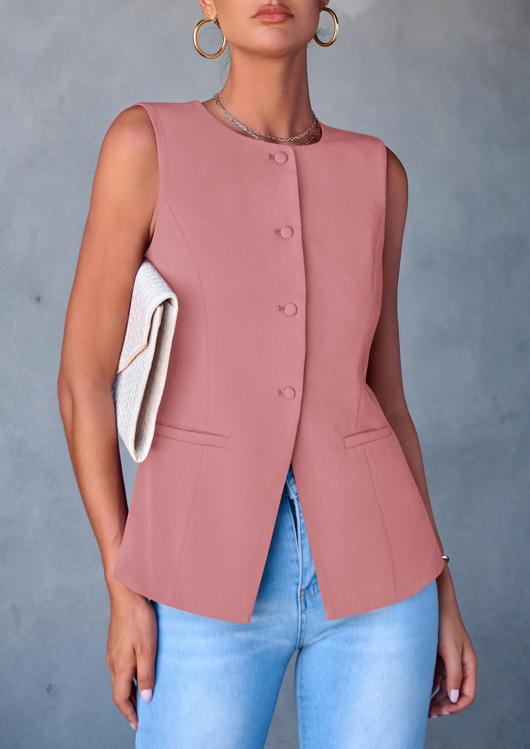 Women Tailored Suit Vest Business Casual Tops, Dark Pink,M
