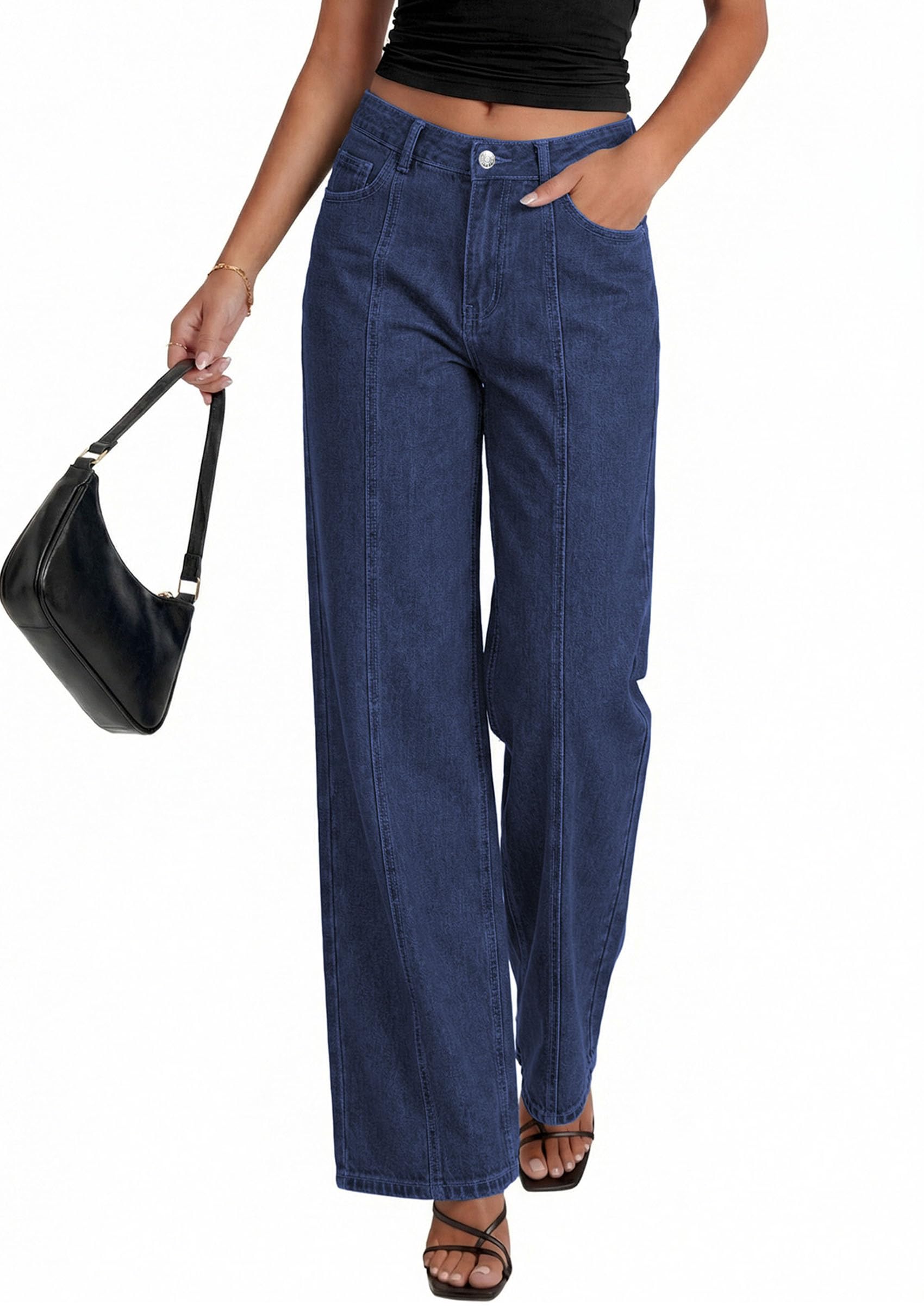 Women's Wide Leg Jeans Stretchy Baggy Denim Pants,Deep Blue,4