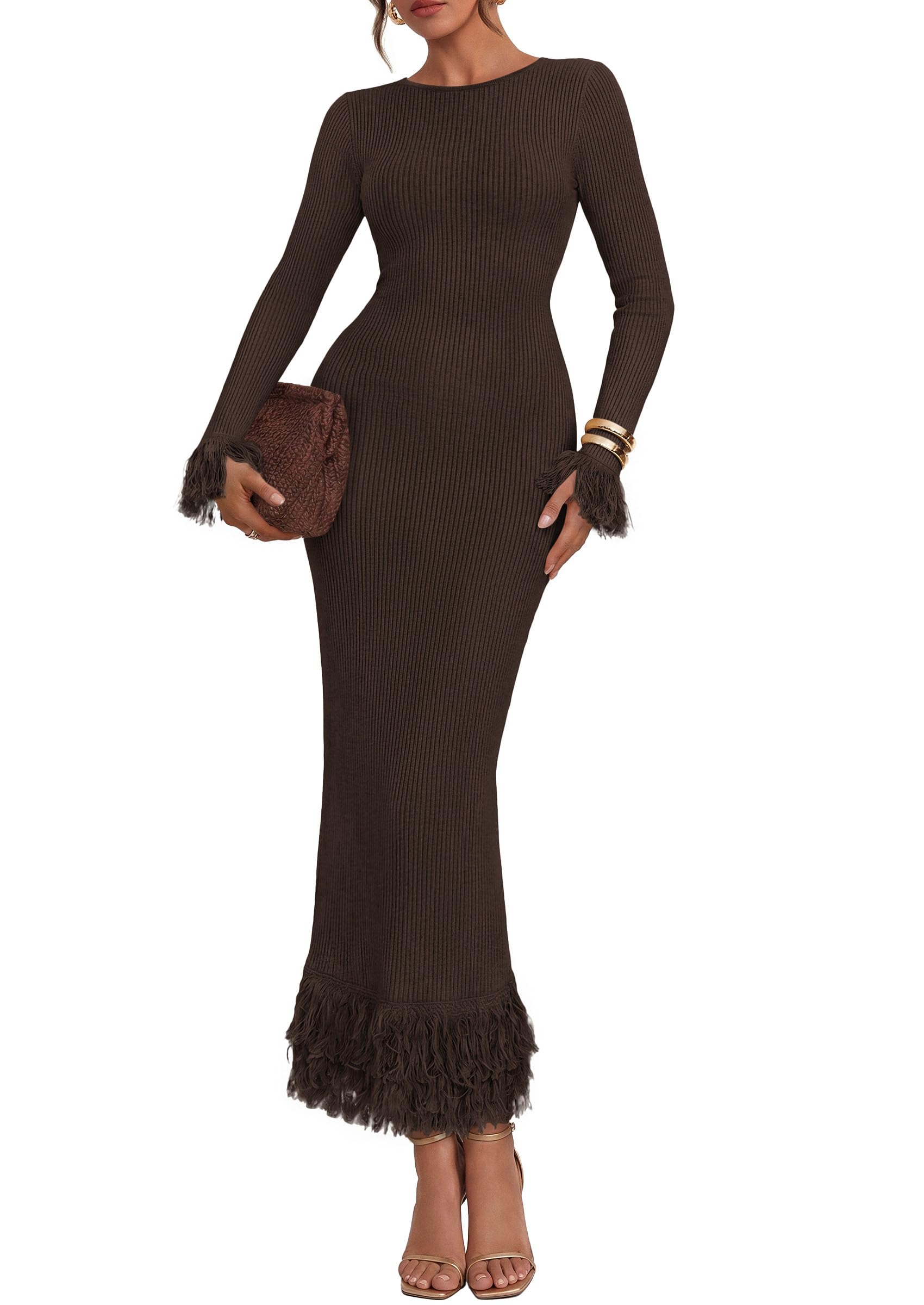 Womens Long Sleeve Bodycon Sweater Dress,Brown,Small
