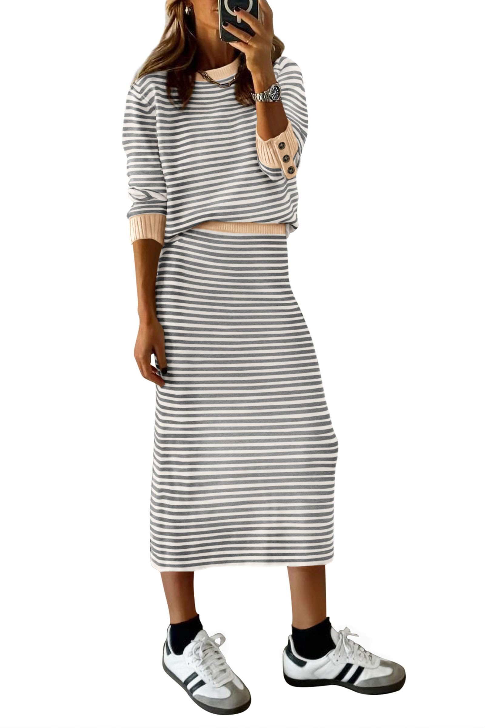 Women's 2 Piece Striped Sweater Skirt Set Fall Matching Sets