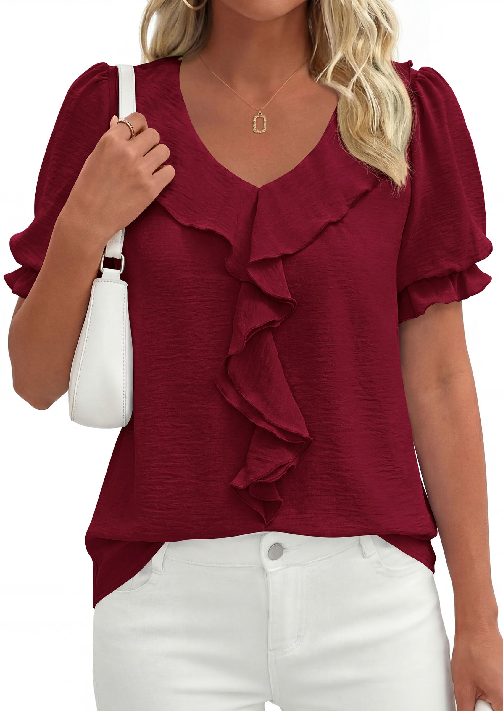 Women's Summer Ruffle Dressy Casual Blouses (Burgundy,S)