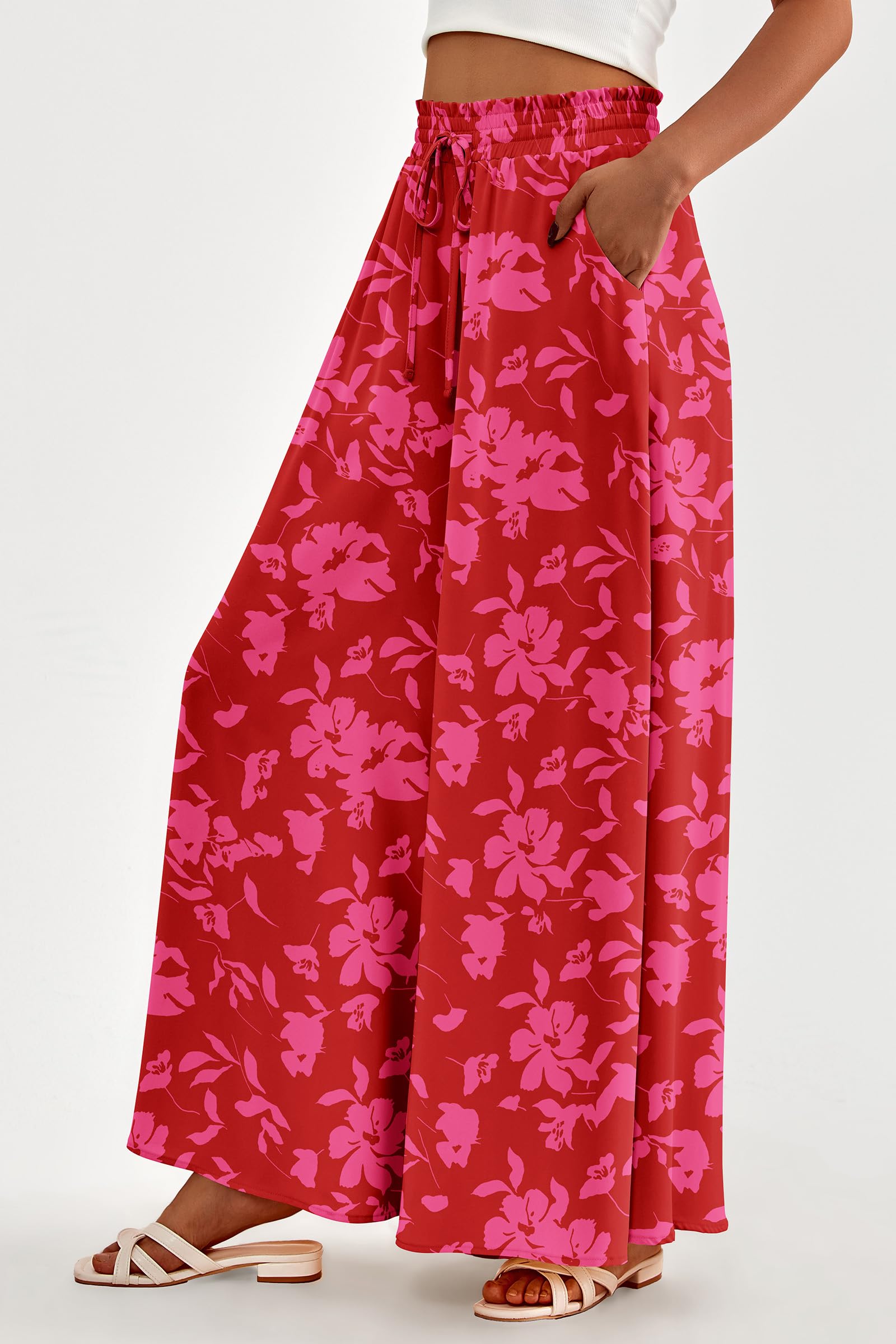 Summer Wide Leg Palazzo Pants for Women Casual,Print Red,S