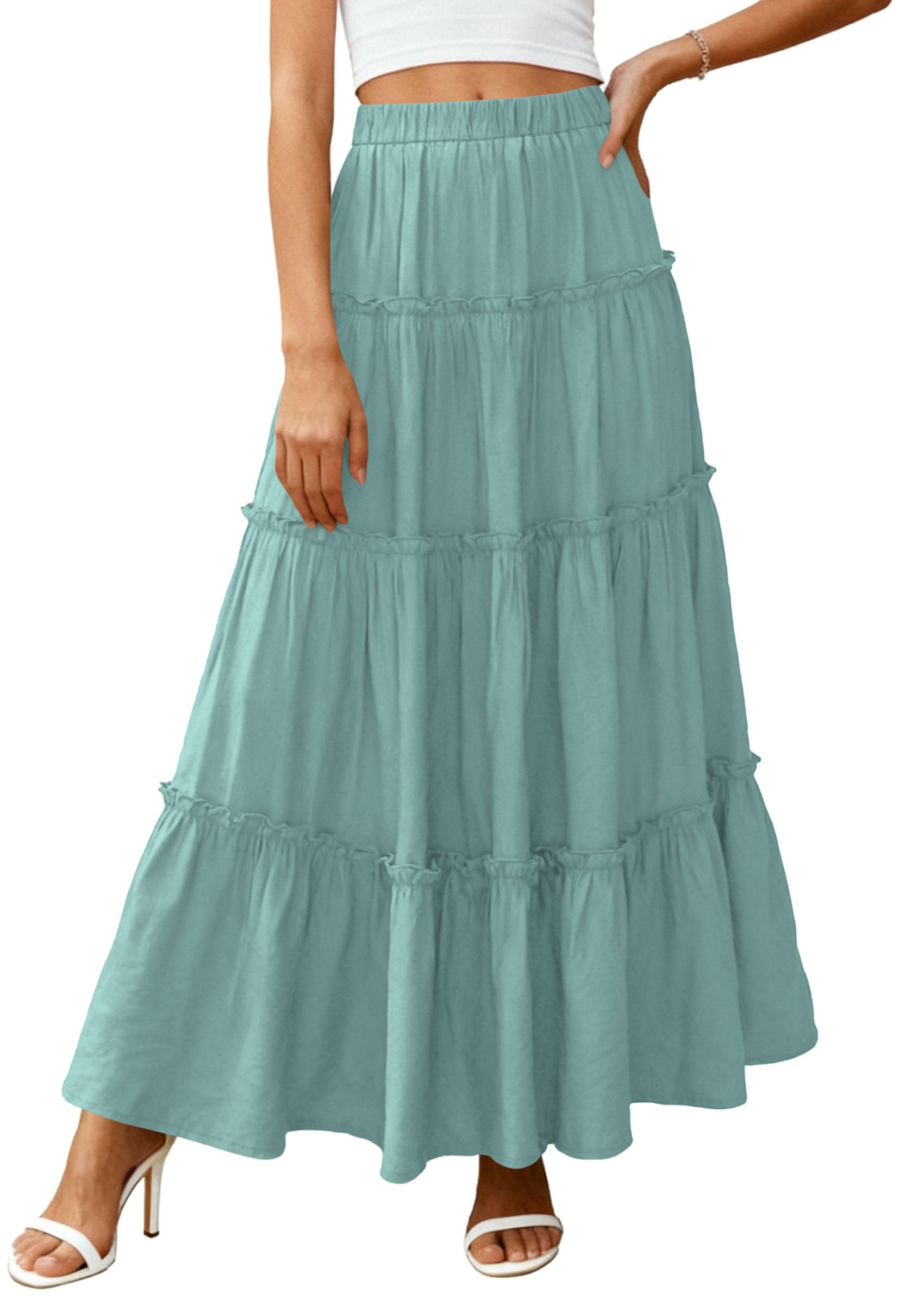 Women's Boho Tiered Ruffle Flowy Maxi Skirt, Blue Green,S