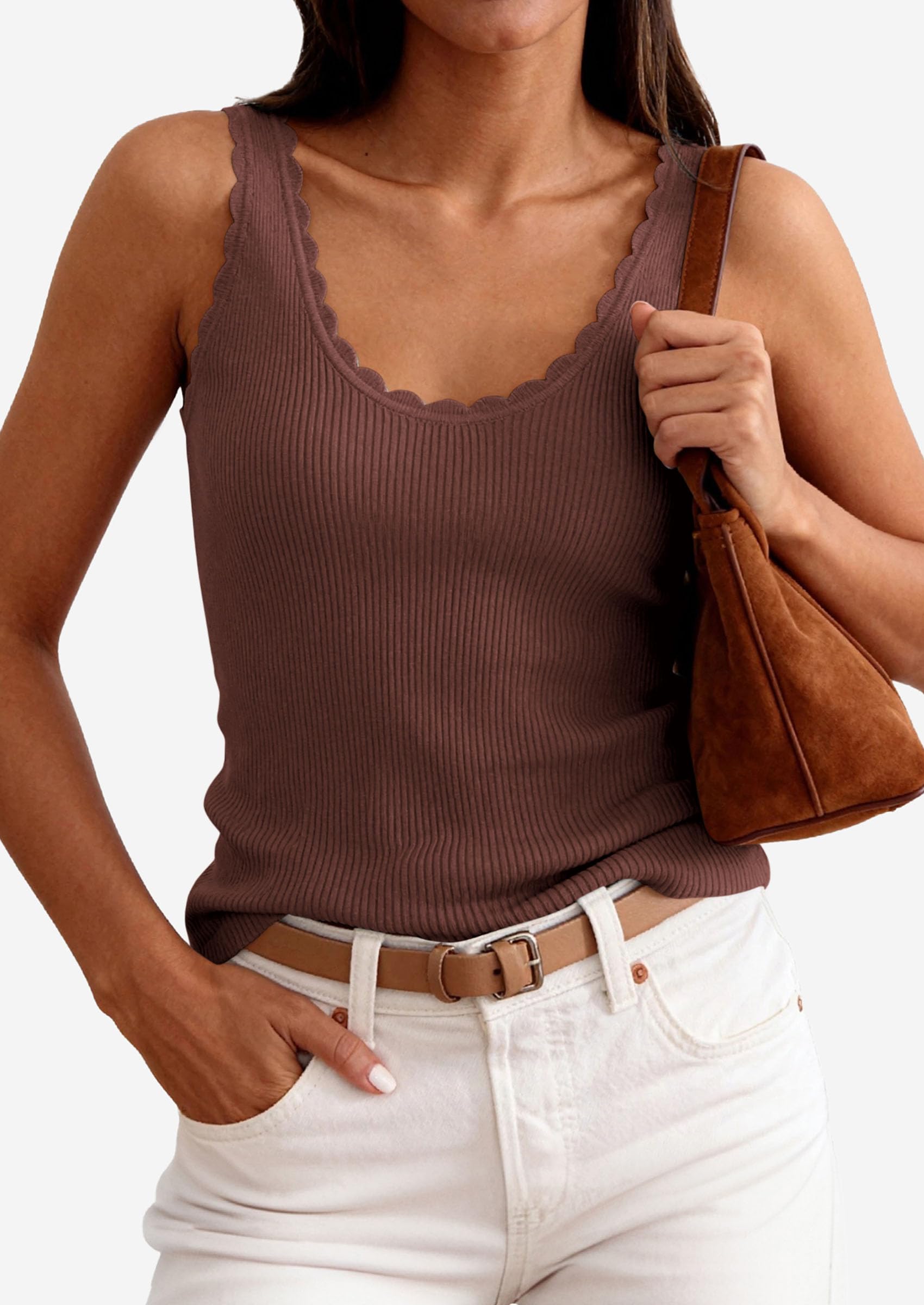 Womens Ribbed Knit Sleeveless Tank Tops,Dark Brown,XS