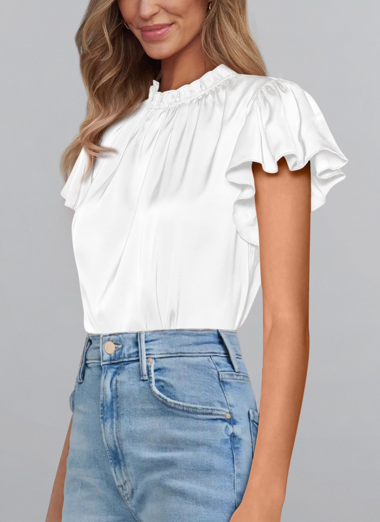 Women's Satin Tops Business Casual Work Blouses, White,M