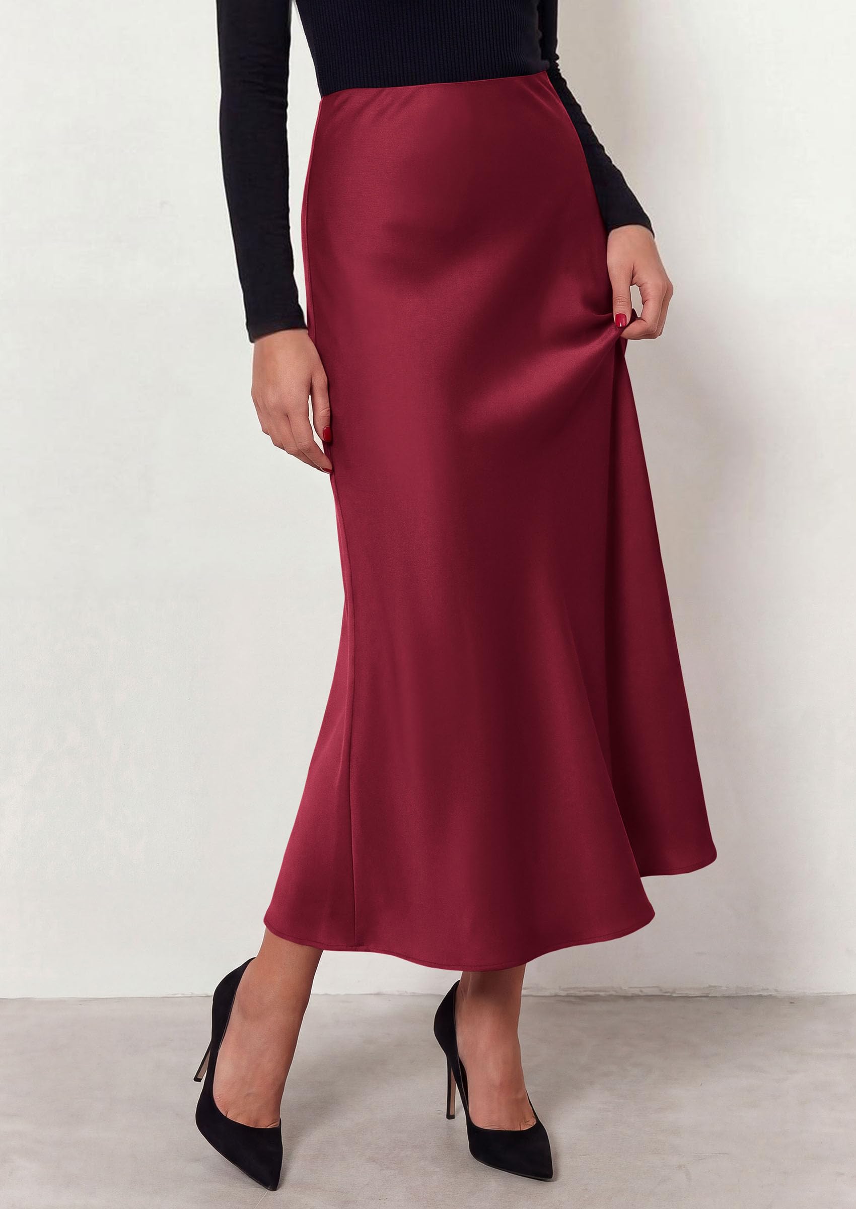 Women's Silk Satin Maxi Skirts Fall Clothes (Burgundy,S)