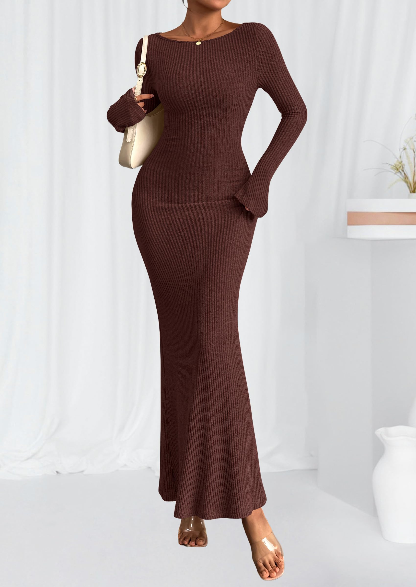 Women's Fall Long Sleeve Bodycon Maxi Dresses (Coffee,XS)