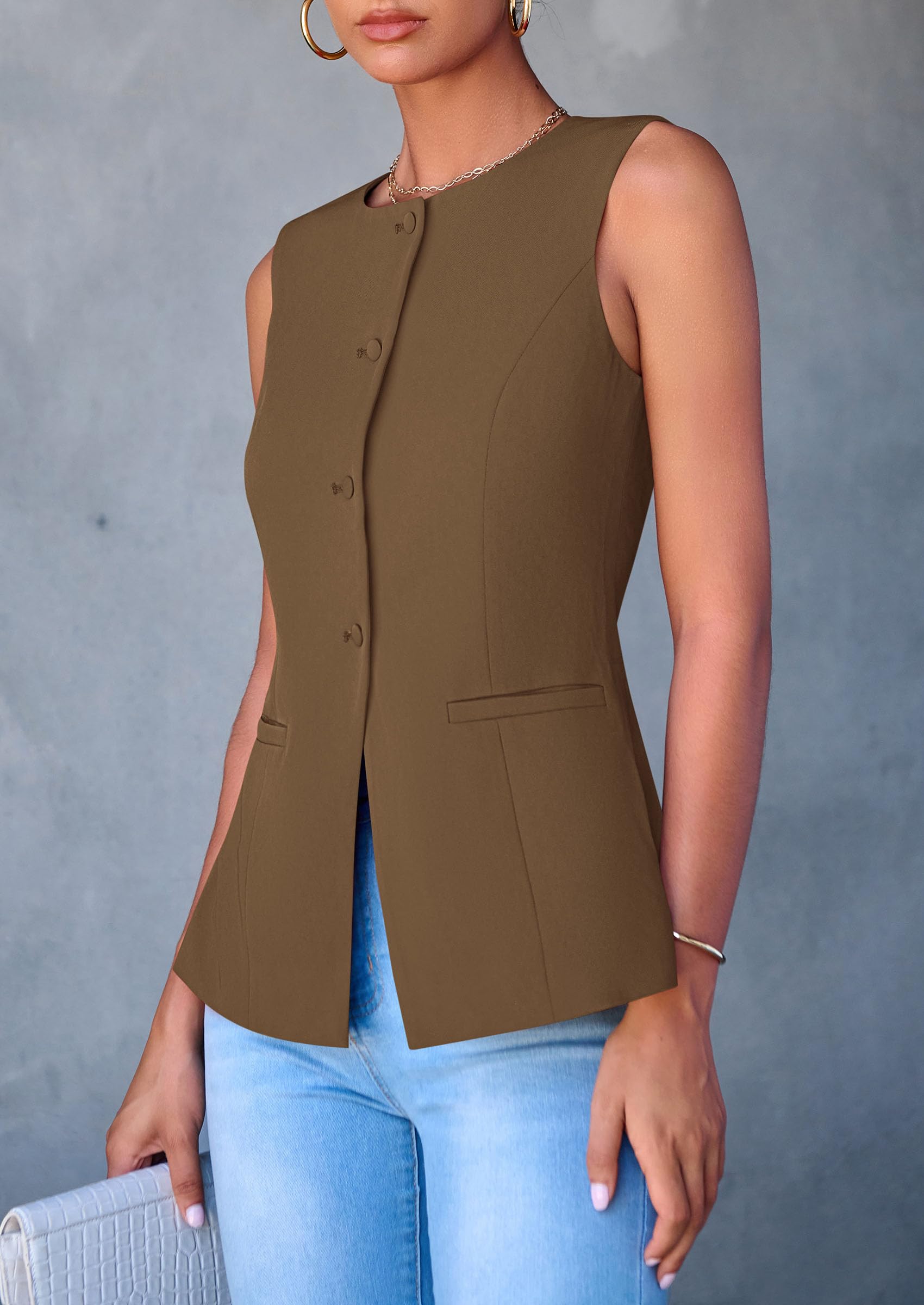 Women Tailored Suit Vest Business Casual Tops, Coffee,S