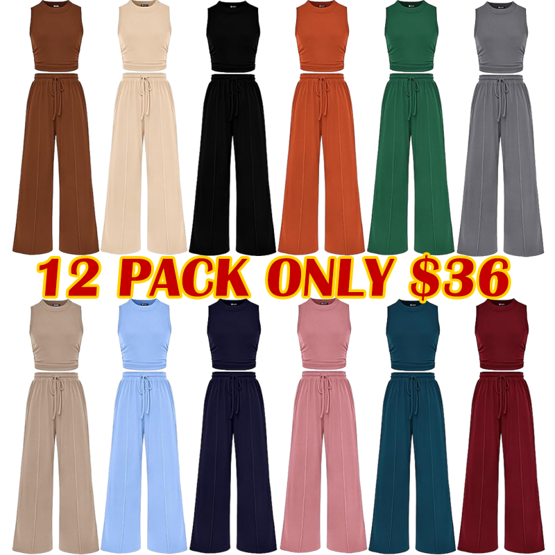 Women Summer 2 Piece Outfits 2026 Beach Crew Neck Sleeveless Cropped Top Elastic Waist Wide Leg Pants Lounge Set