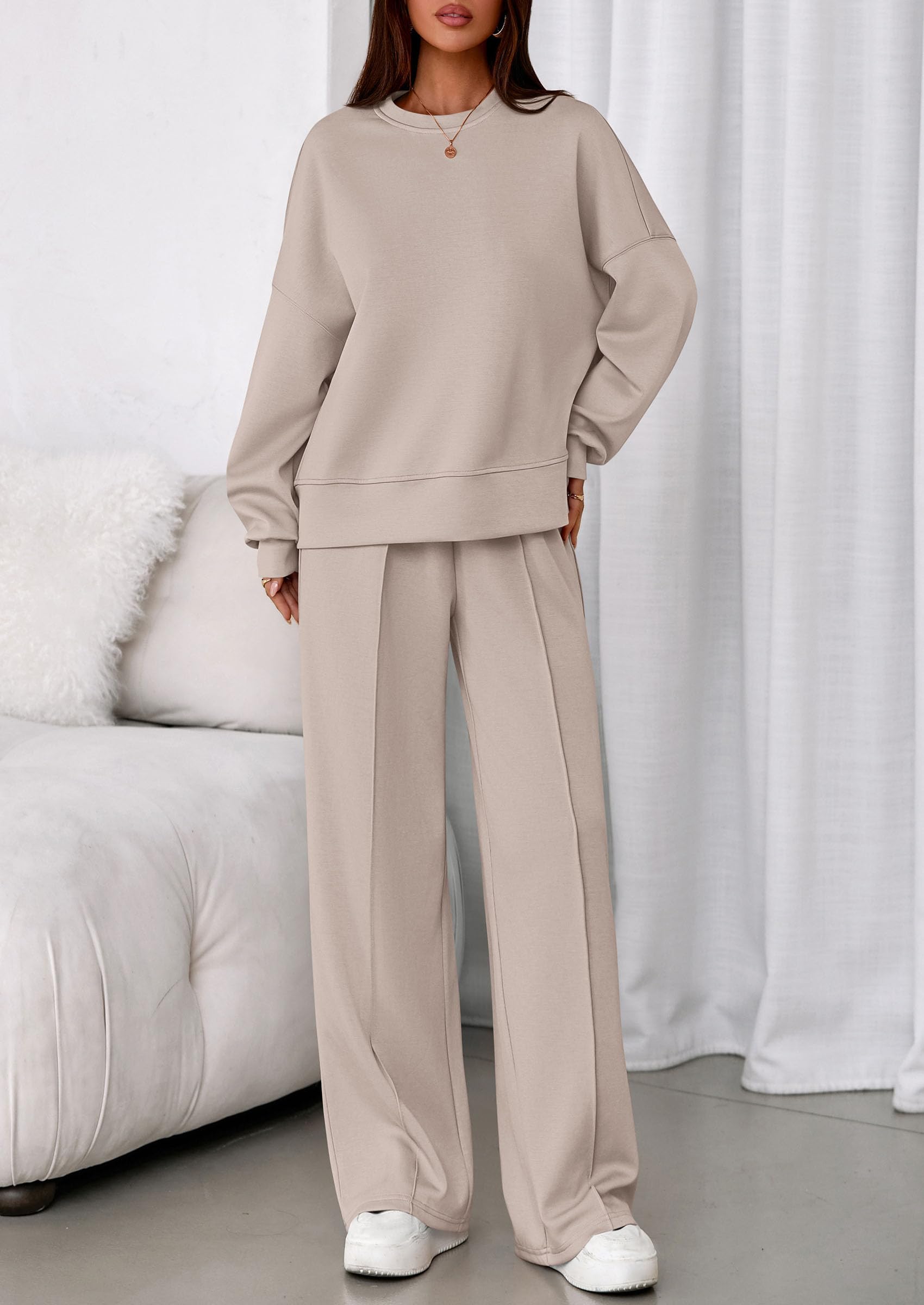 Womens Long Sleeve Sweatshirt 2 Piece Sets,Apricot,S