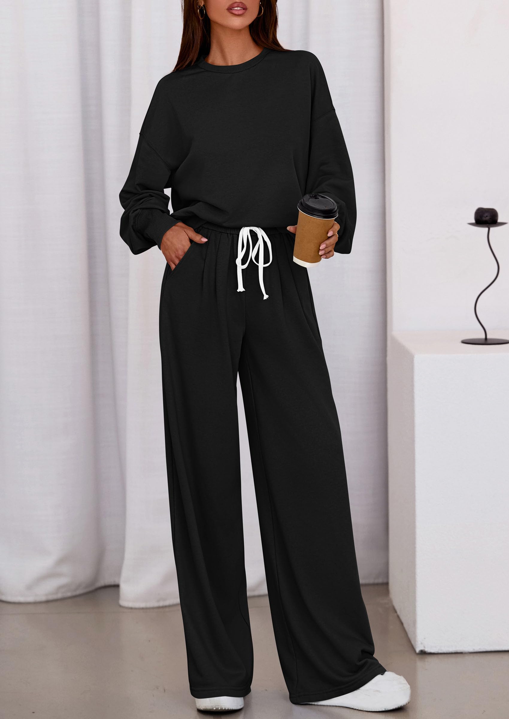 Womens Loose Fit Casual 2 Piece Lounge Set,Black,S