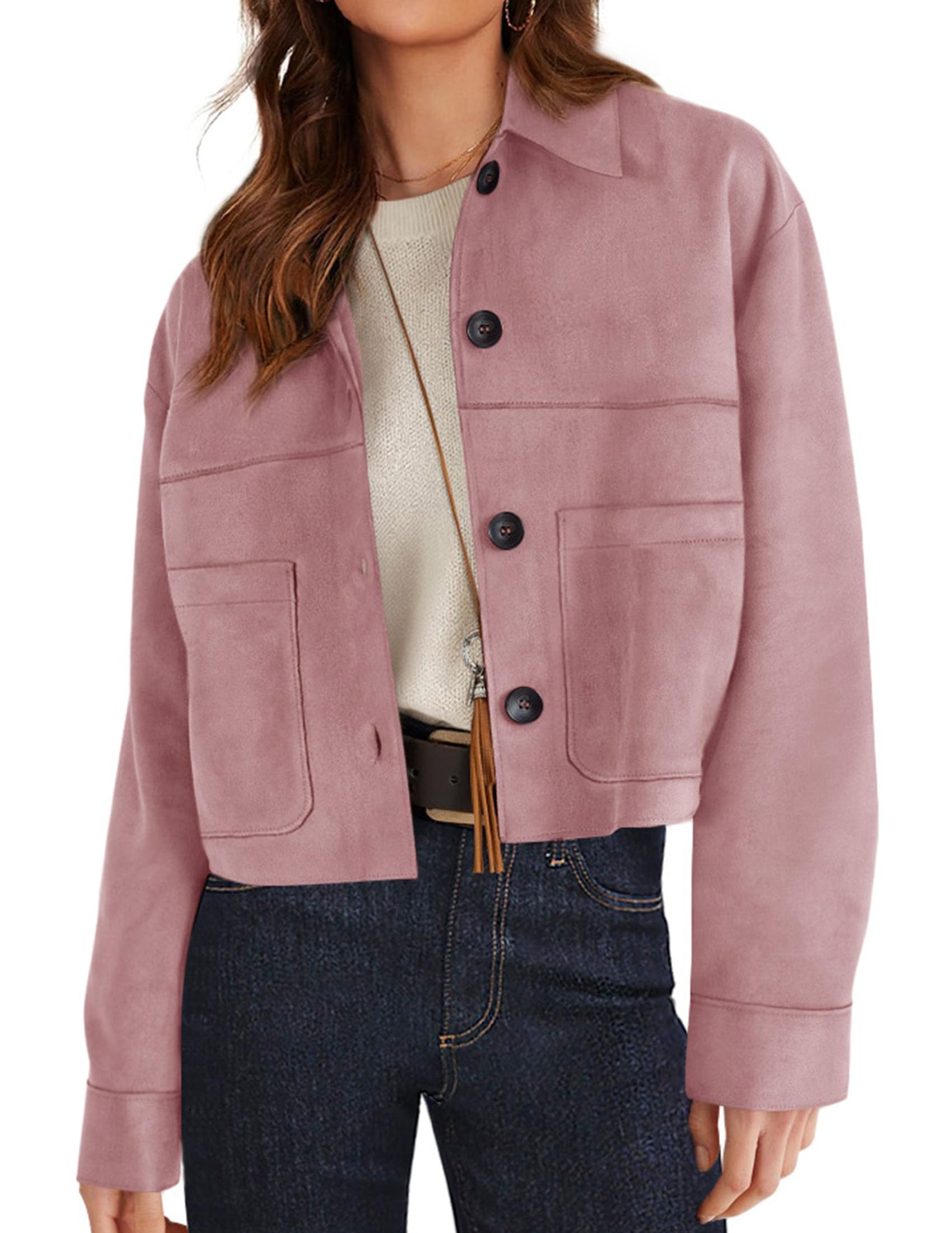 Women's Faux Suede Shacket Jackets Lightweight Cropped Coats