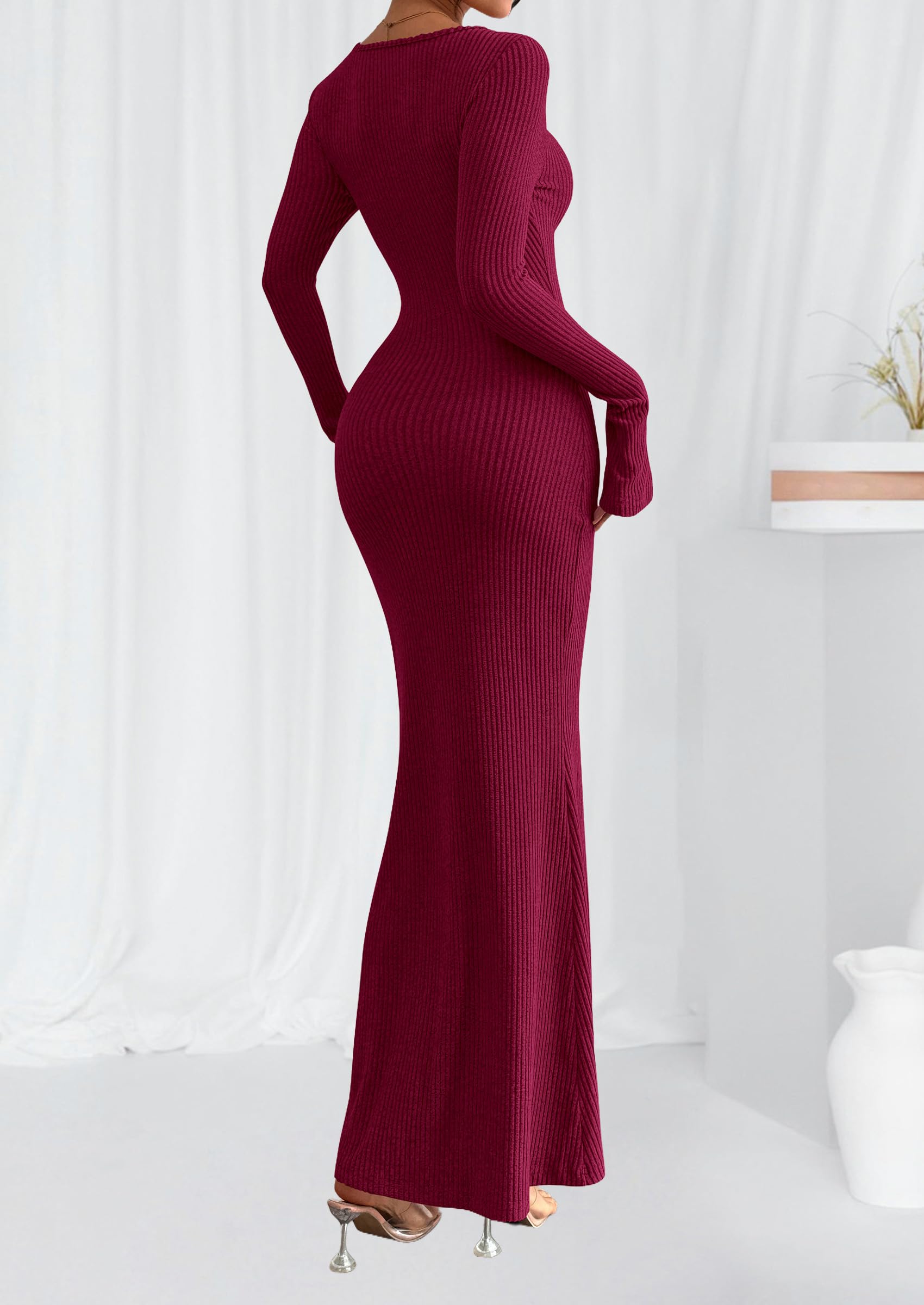 Women's Fall Long Sleeve Bodycon Maxi Dresses (Burgundy,XS)